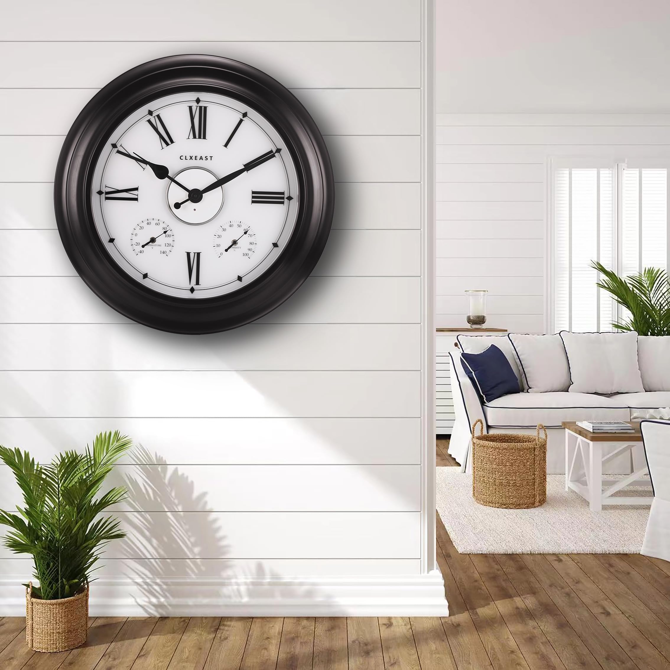 CLXEAST 24 Inch Large Outdoor Wall Clock with Thermometer & Hygrometer - Waterproof Metal Clock for Indoor/Outdoor Use - Oil Rubbed Bronze Black Finish - Perfect for Home, Garden, Office & Easter Decorations Gifts