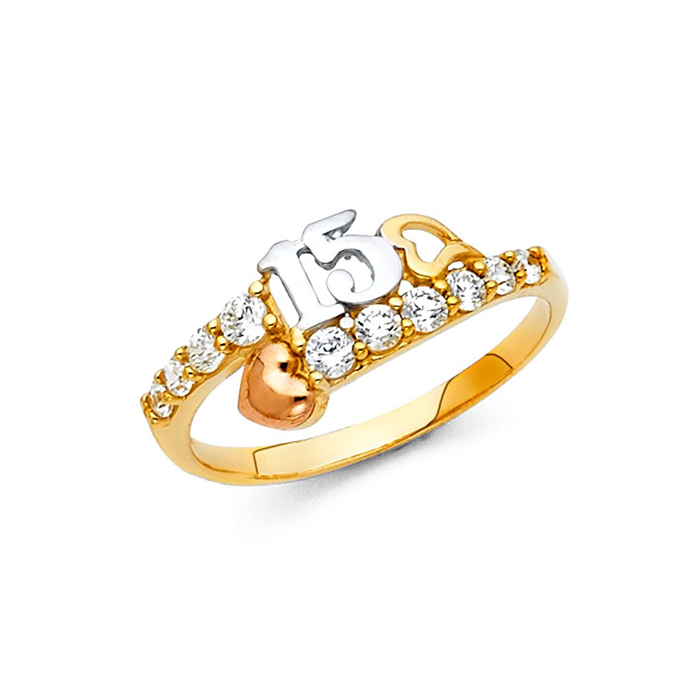 14K White, Yellow & Rose Gold Tri-Color Cubic Zirconia CZ Ring for 15th Birthday, Quinceañera, Anniversary & Fashion Jewelry - Elegant Gift for Women & Teens
