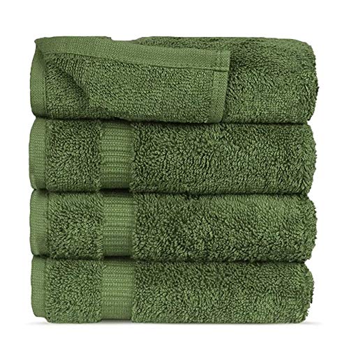 FTB Classic Turkish Luxury Hotel & Spa Kitchen Towels - 4-Piece Set of 16x30 Inches Hand Towels in Moss Green | Premium Absorbent & Quick-Drying for Bathroom, Kitchen & Spa Use