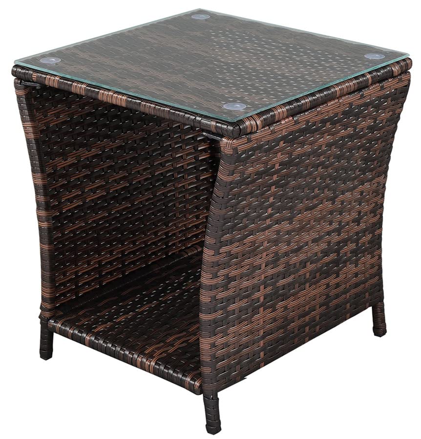 Brown Rattan Side Table with Glass Top - Outdoor Coffee Table for Poolside, Porch & Bedroom