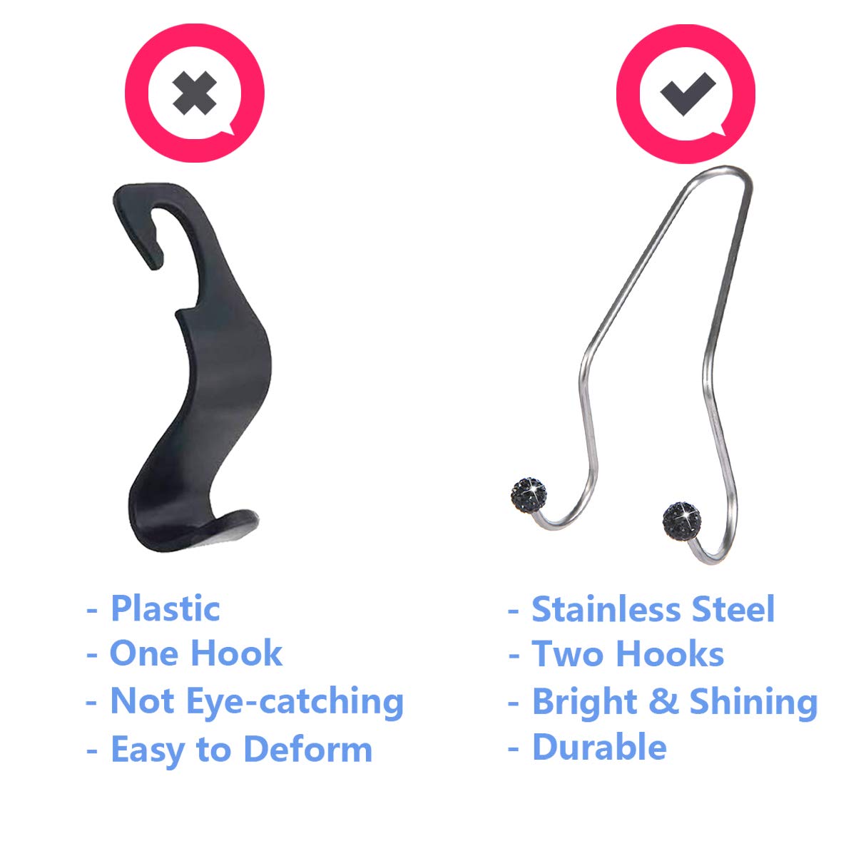 Bling Car Seat Hooks - Rhinestone Universal Headrest Hangers for Purses, Bags & Organizers | Durable Auto Backseat Storage Hooks (Black) | Perfect for Road Trips, Shopping & Daily Commute