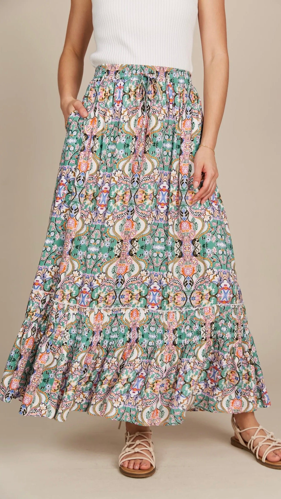 Esme Maxi Skirt with Lotus Fleuron Print - Flowy Boho Skirt for Women, Summer Beach Dress, Vacation Outfit, Festival Fashion