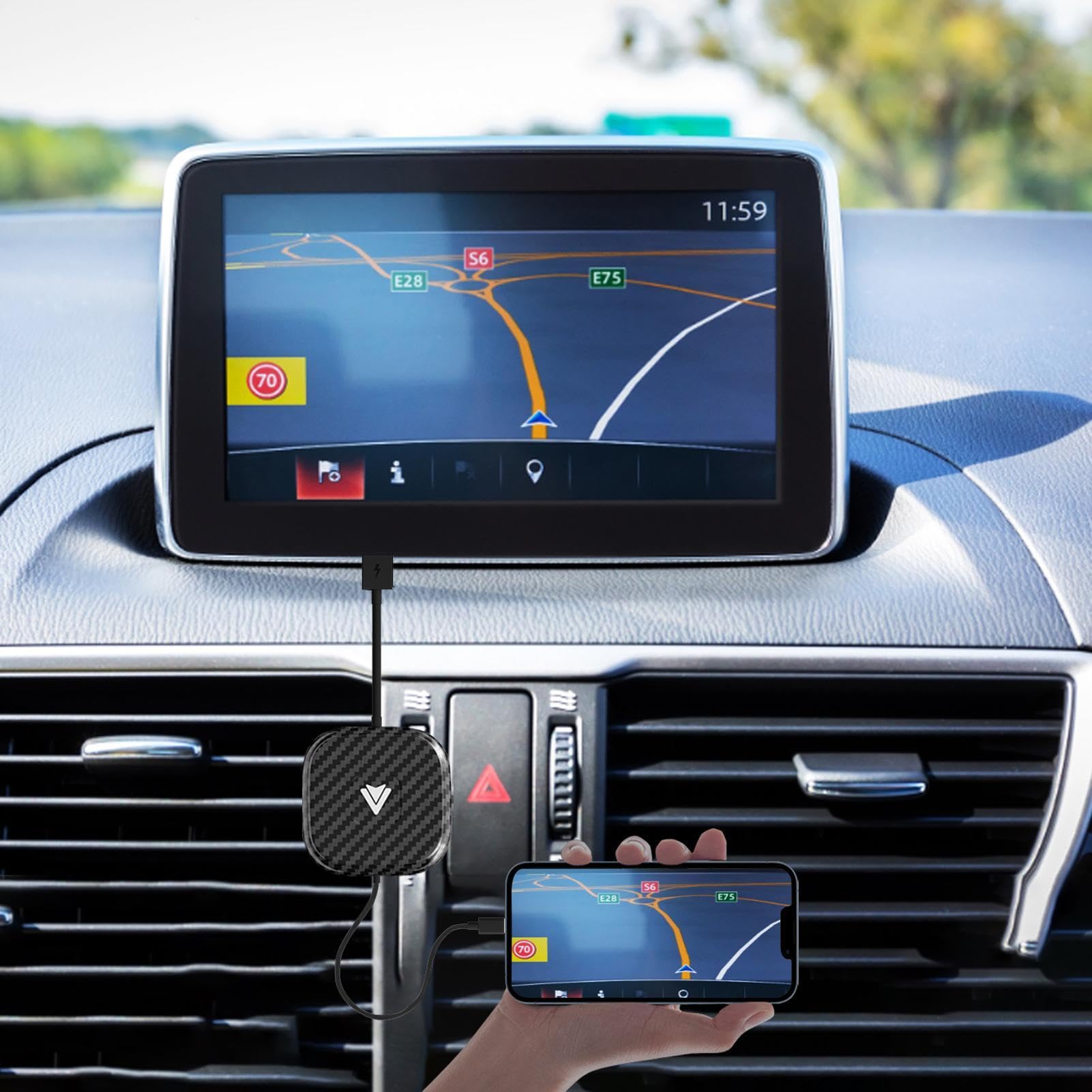 Wireless Car Adapter for iPhone & Android - Fast Transmission USB to Wireless Module - Mirror Phone to Car Screen for Navigation, Music & Calls