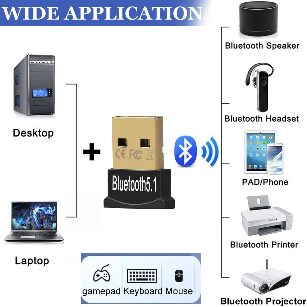 Warmstor Bluetooth 5.1 USB Adapter for PC - Wireless Dongle Receiver Compatible with Windows 11/10/8.1/8/7 - Connect Bluetooth Headsets, Speakers, Keyboard, Mouse, Printer to Desktop & Laptop - Perfect for Home Office, Gaming, and Remote Work