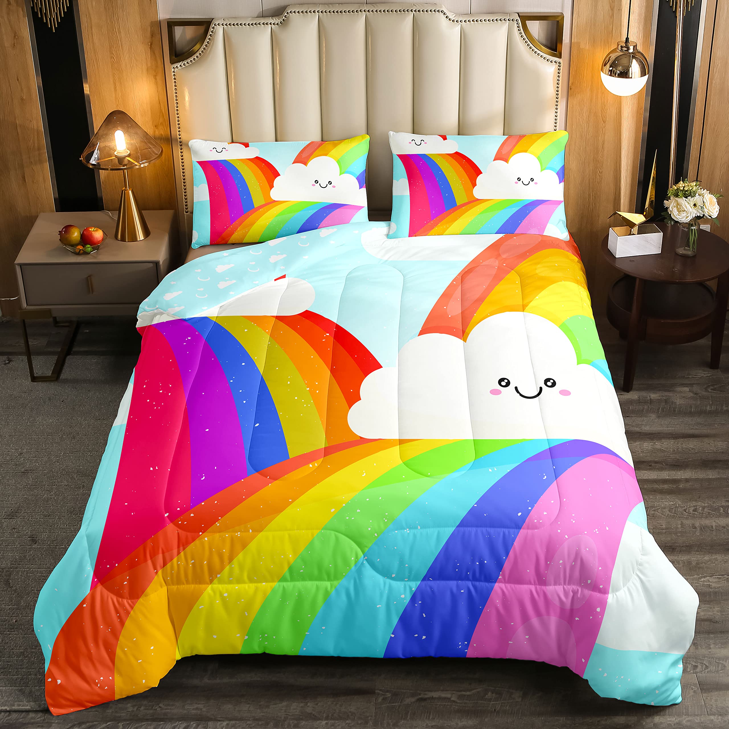 Kawaii Cartoon Rainbow Twin Size 2-Piece Bedding Set - Cute Clouds Candy Colorful Comforter with Gradient Iridescent Duvet Cover | Sweet Reversible Moon Clouds Blue White Down Alternative Comforter for Girls' Room, Teen Bedroom & Dorm Decor