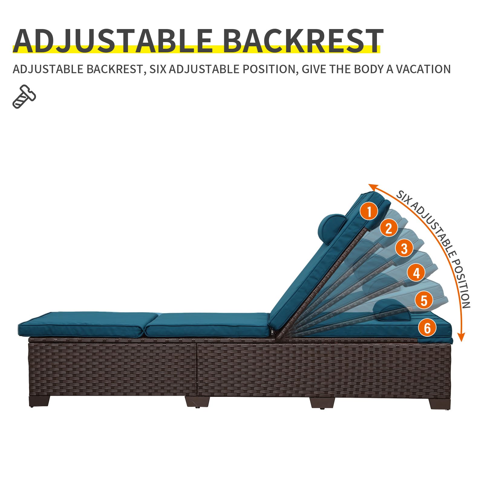 Outdoor PE Wicker Chaise Lounge Set of 3 - Brown Rattan Patio Furniture with Adjustable Backrest & Peacock Blue Cushions - Poolside Lounge Chairs with Storage Table for Backyard, Garden, and Beach Relaxation