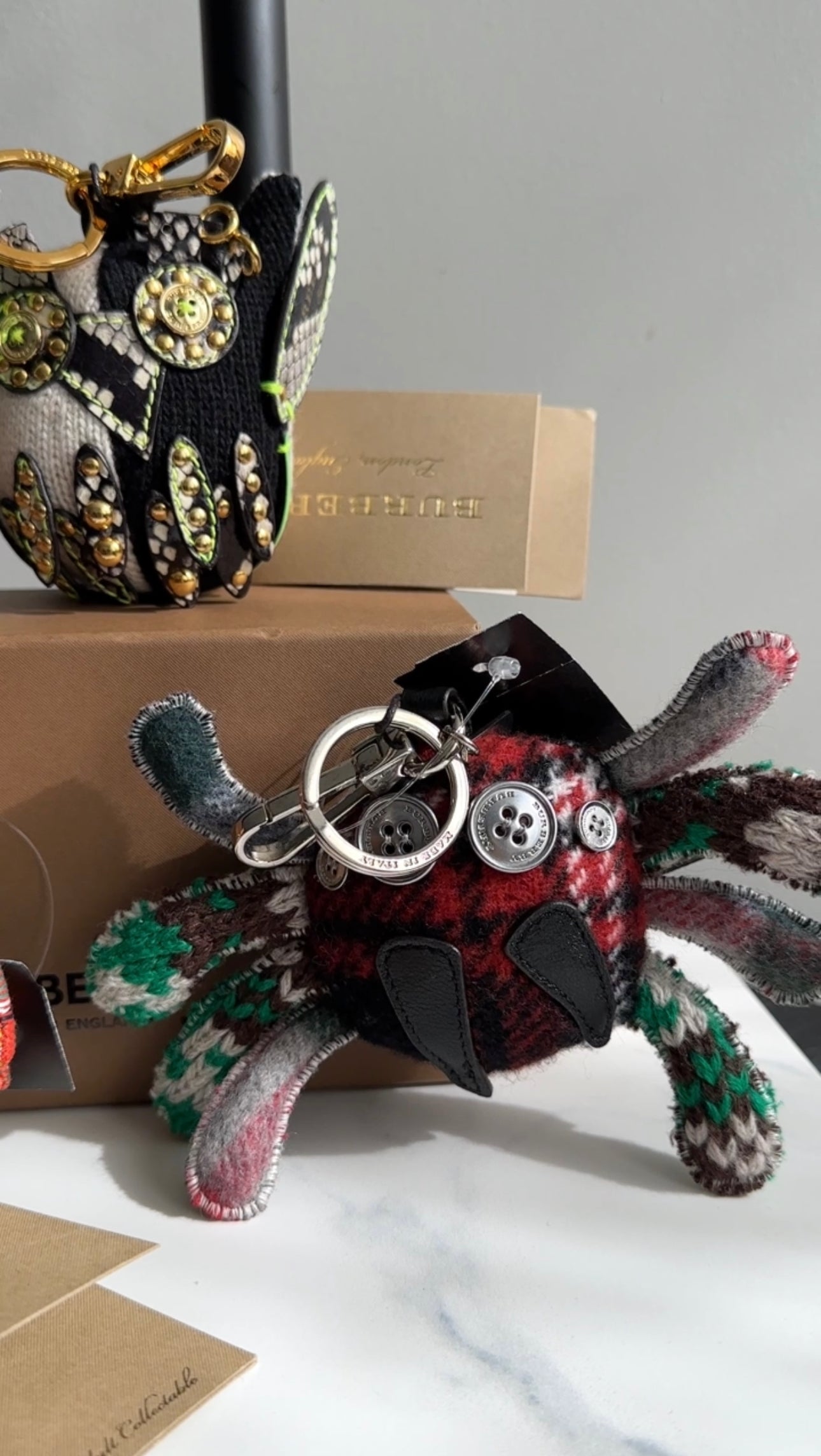 Burberry Black and Green Knit Studded Mavis Owl Bag Charm - Stylish Designer Accessory for Handbags, Backpacks & Keys | Perfect Gift for Fashion Lovers