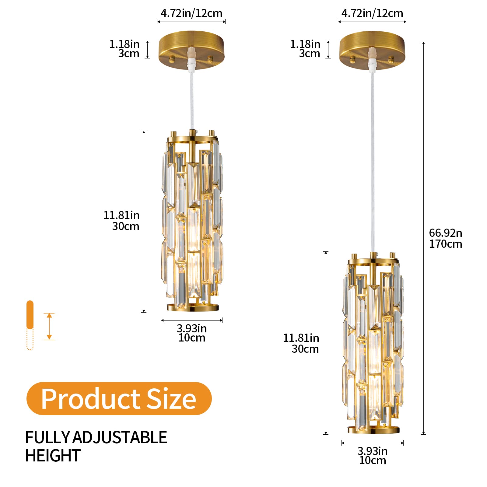 Modern Gold Pendant Lights with Mini Crystal Chandelier - 2-Pack, Elegant Kitchen Island Lighting, Dining Room & Bedroom Ceiling Fixture, Perfect for Sink Area & Home Decor (Gold Finish)