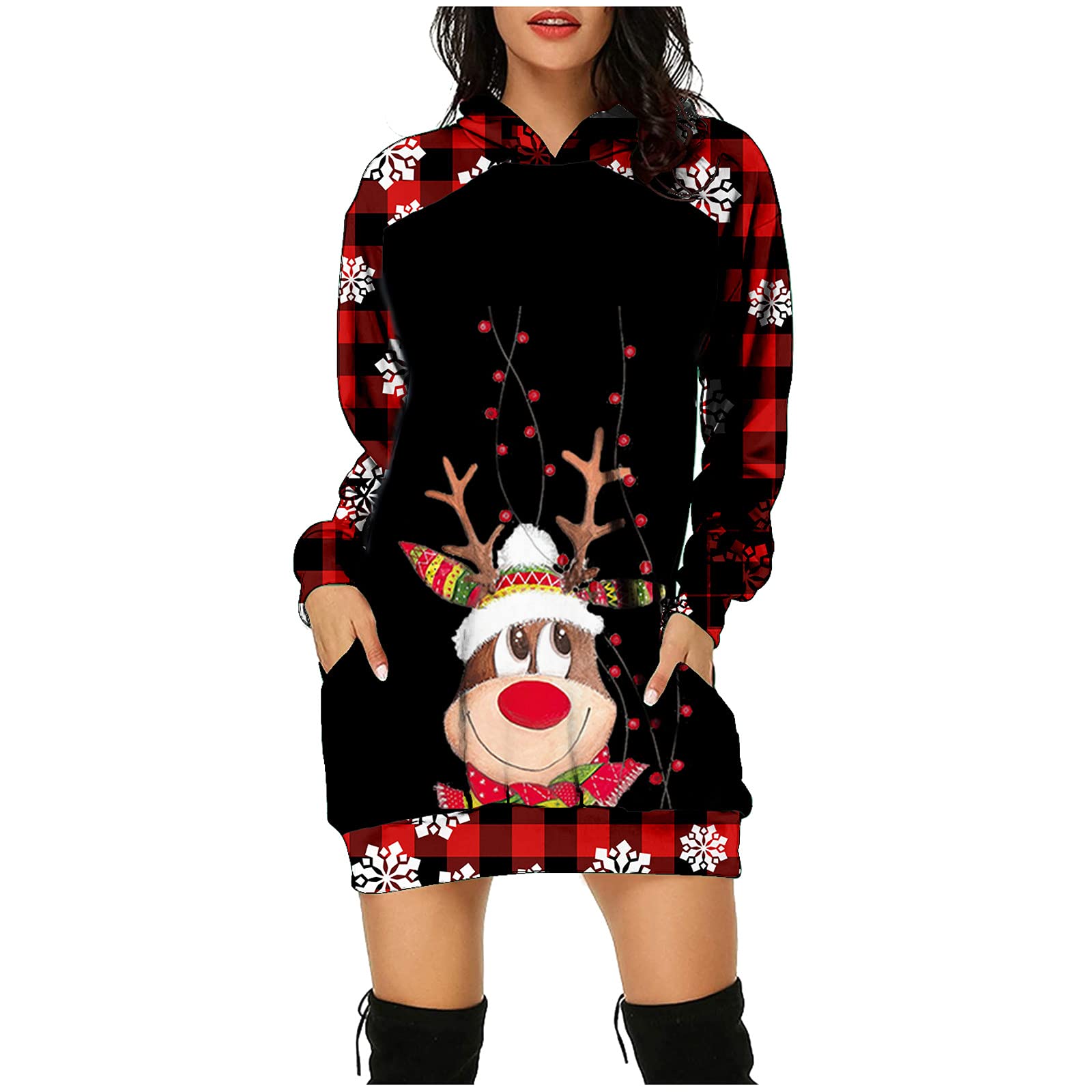 Women's Christmas Wrap Sun Dress with Long Sleeves, Hoodie & Pockets - Printed Fashion Wedding Guest Dress for Holiday Parties & Festive Occasions