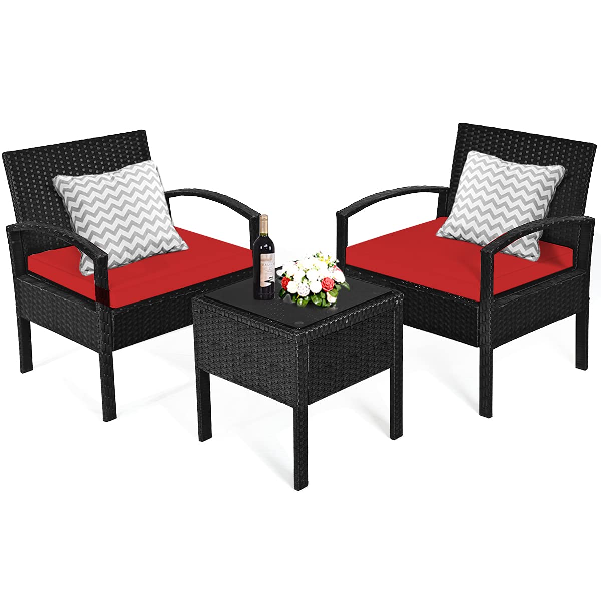 Tangkula 3-Piece Outdoor Patio Conversation Set - Wicker Rattan Sofa with Cushions & Coffee Table - Garden, Balcony, Backyard, Poolside Furniture (Red) - Perfect for Relaxing, Entertaining & Outdoor Lounging