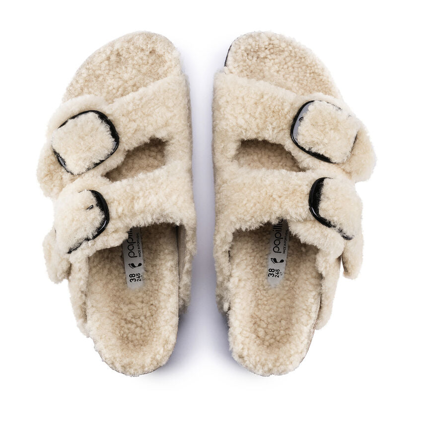 Birkenstock Arizona Big Buckle Shearling Sandals for Women - Soft Teddy Eggshell Color - Comfortable Orthopedic Footbed - Perfect for Casual Wear, Home & Travel