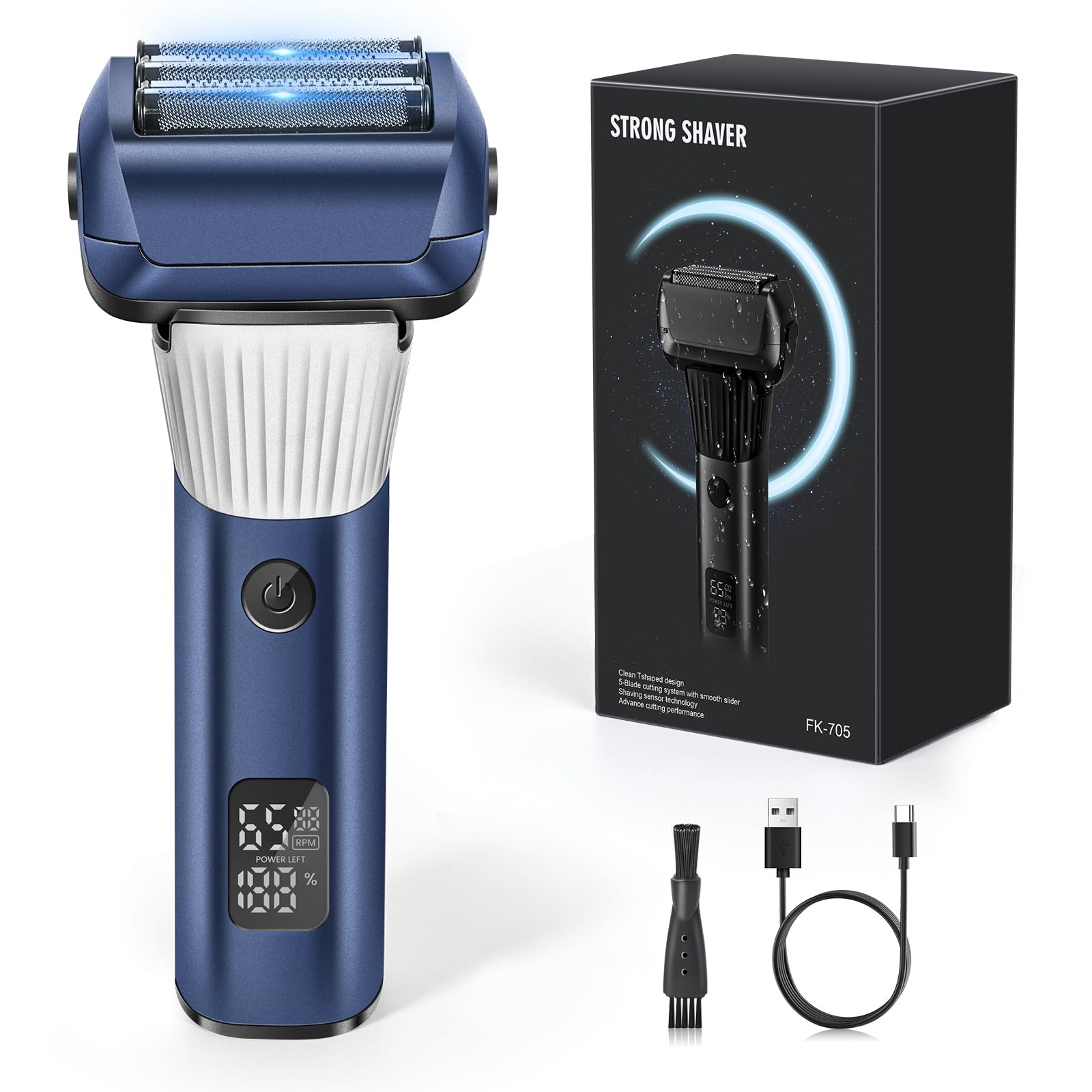 **Premium 5-Blade Electric Shaver for Men – Wet/Dry Cordless Rechargeable Razor with Pop-Up Trimmer, 2 Speeds, Navy Blue – Perfect for Travel & Daily Grooming**