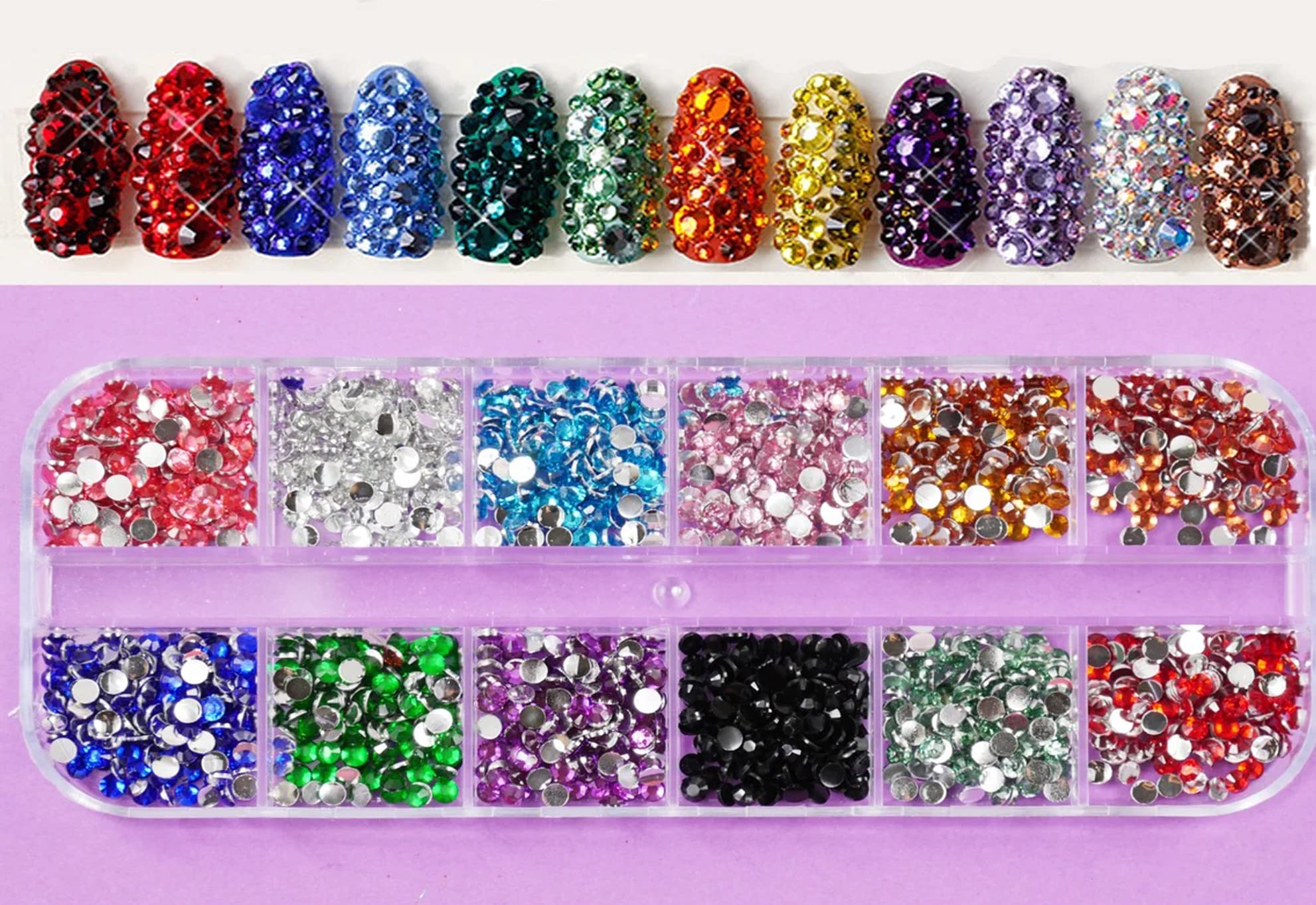 12 Colors Nail Rhinestones Sequins Studs for Nail Art, Makeup, Face & Body Decoration - Perfect for DIY Nail Designs, Festival Glam, and Party Looks (12pc Set)