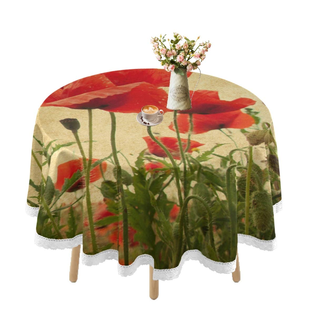 Vintage Poppies Flowers Waterproof Round Tablecloth - 60 Inch Lace Table Cover for Outdoor Dining, Weddings, Kitchen, Parties & Picnics | Decorative & Durable for Holiday Gatherings and Everyday Use