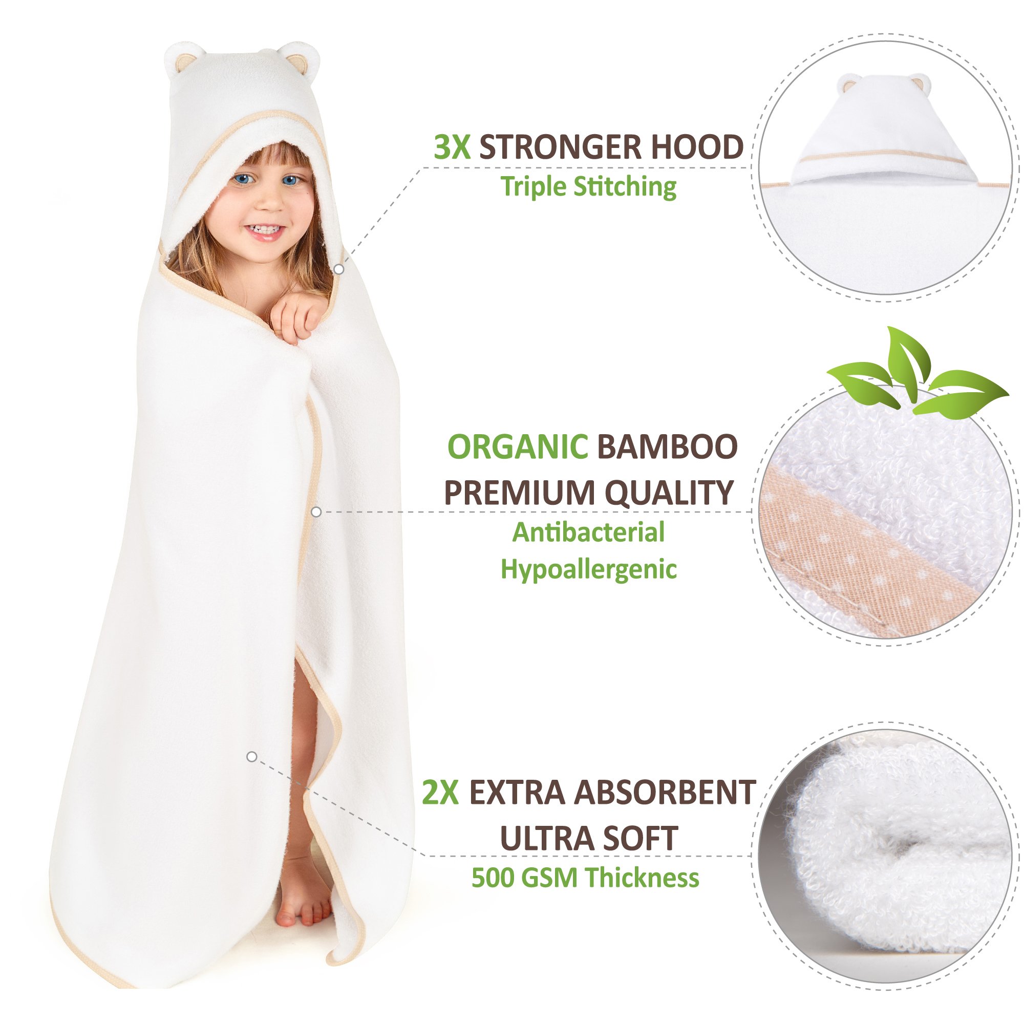Premium Bamboo Rayon Toddler Hooded Towel - Soft & Absorbent Baby Bath Towel for Boys & Girls - Large Kids Hooded Towel for Swimming, Beach & After Bath (White)