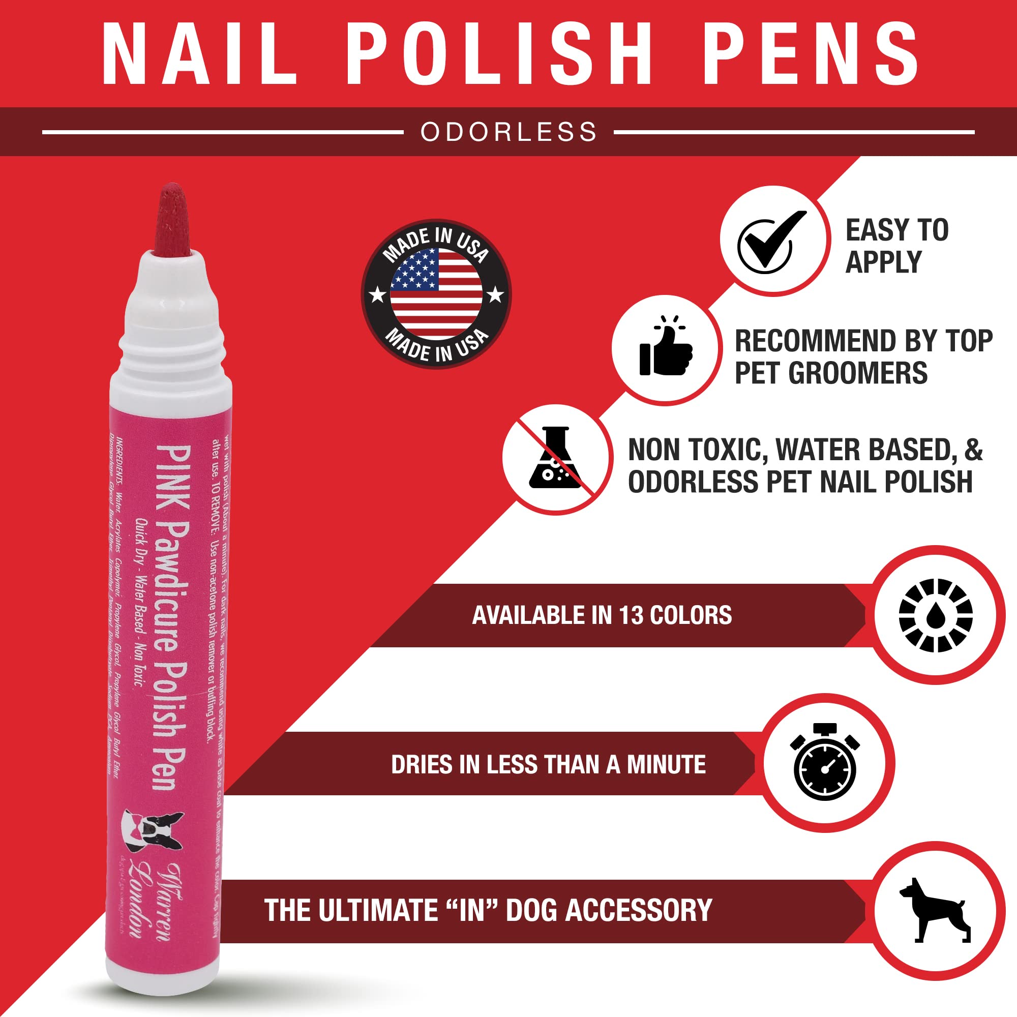 Warren London Pawdicure Dog Nail Polish Pens - Quick Drying, Non-Toxic & Low Odor Pet Nail Polish - Made in USA - 13 Vibrant Colors Including Neon Pink, Purple & Green - Perfect for Dog Birthday Parties, Costume Events & Grooming Sessions