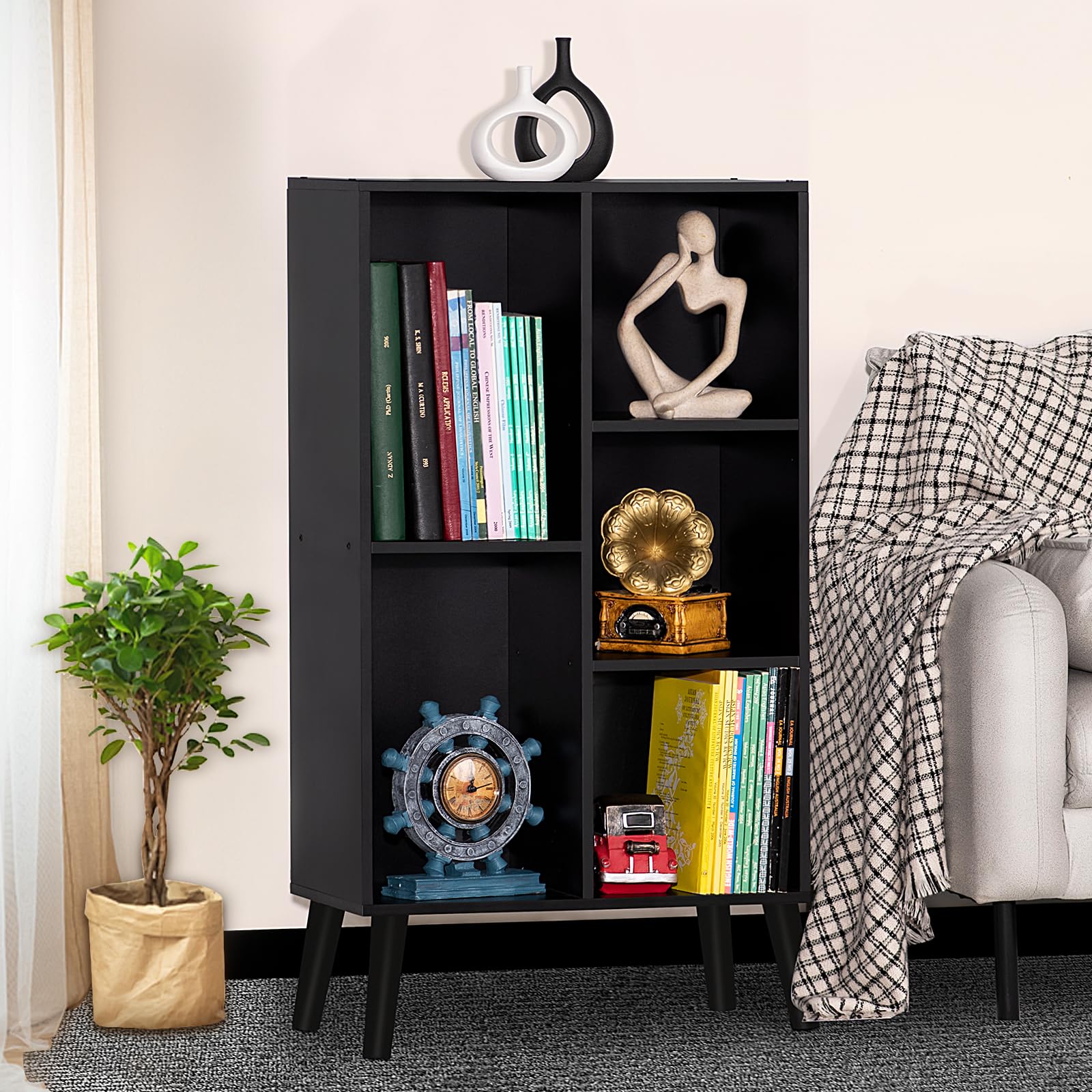 YAHARBO 3-Tier Small Black Narrow Bookshelf - Modern Wood Bookcase with Legs, Rustic Cube Organizer for Home Office, Living Room & Bedroom Storage