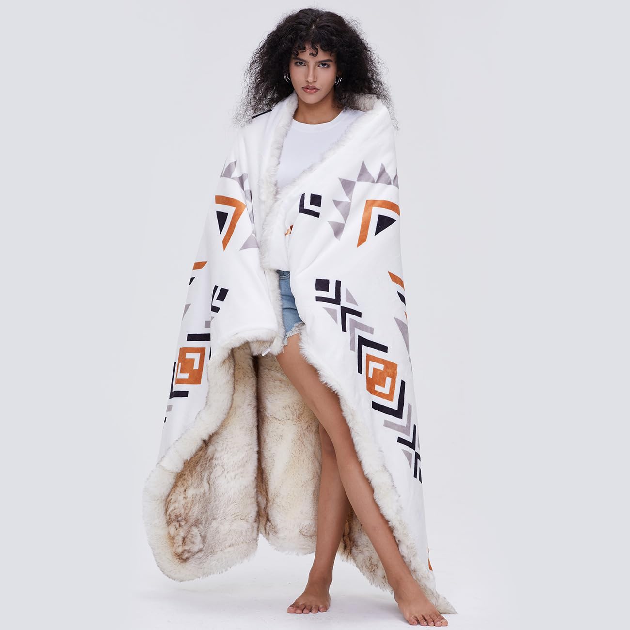 Luxury Plush Faux Fur Throw Blanket with Aztec Pattern - Super Soft & Warm Fluffy Blanket for Couch, Sofa, Bed & Home Decor - 50