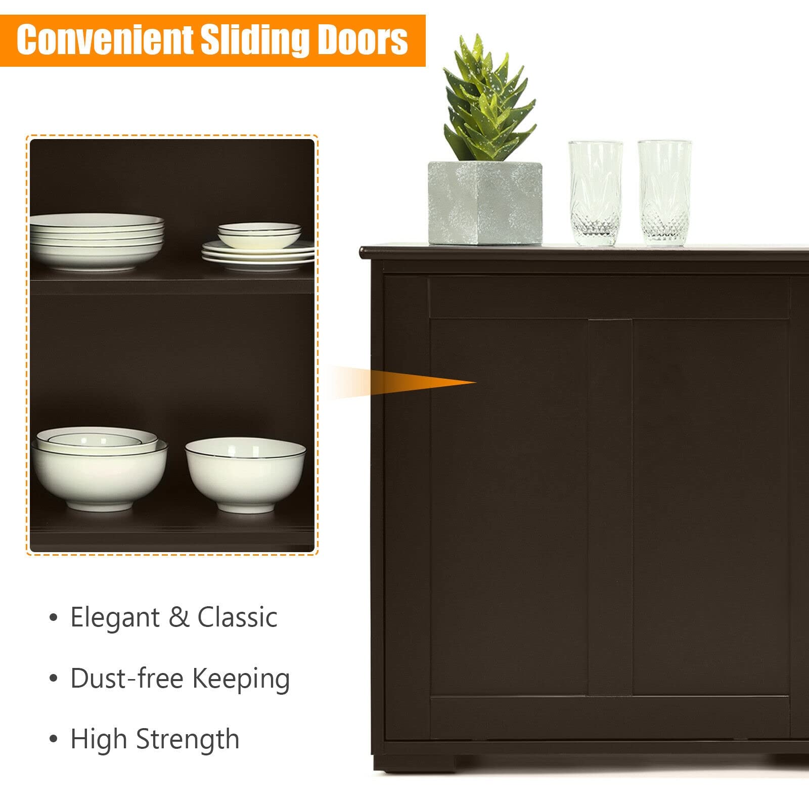 LHONE Stackable Wooden Storage Cabinet with Sliding Doors - Kitchen Sideboard Buffet Cupboard for Dining Room & Home Organization (Brown) - Perfect for Small Spaces & Modern Kitchens