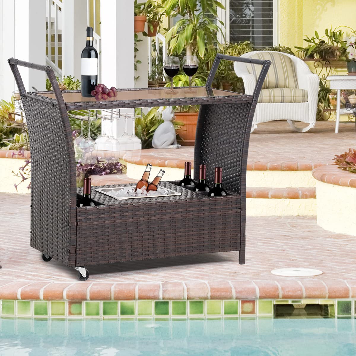 Premium Outdoor Rolling Wicker Bar Cart with Removable Ice Bucket, Glass Countertop & Wine Glass Holders - Rattan Serving Cart with Storage for Pool Parties, Backyard BBQs & Patio Entertaining