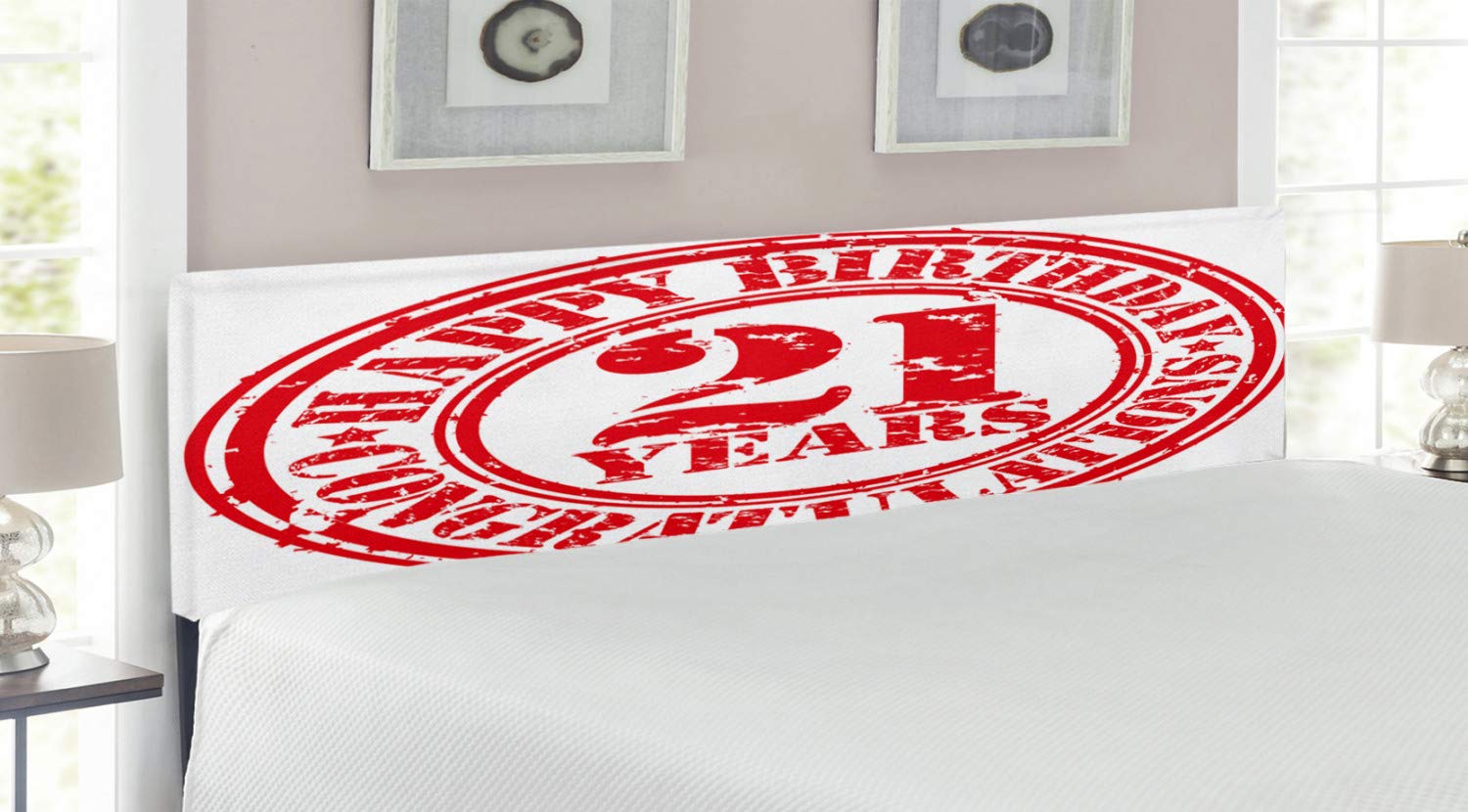 Ambesonne Vintage Style 21st Birthday Upholstered Headboard - King Size Red & White Memory Foam Metal Bed Frame with Party Print | Perfect for Birthday Decorations & Bedroom Makeovers