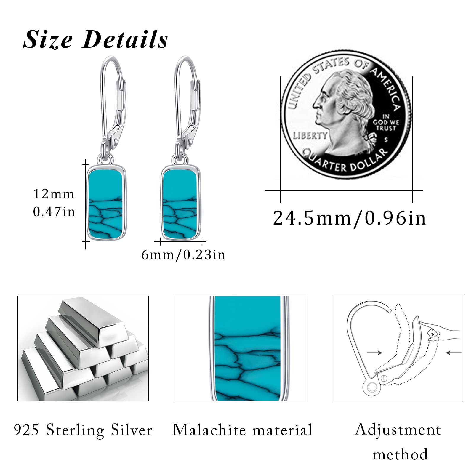 Turquoise Dangle Earrings for Women - S925 Sterling Silver Rectangle Leverback Earrings with Natural Gemstone | Boho Chic Jewelry for Party, Wedding & Everyday Wear