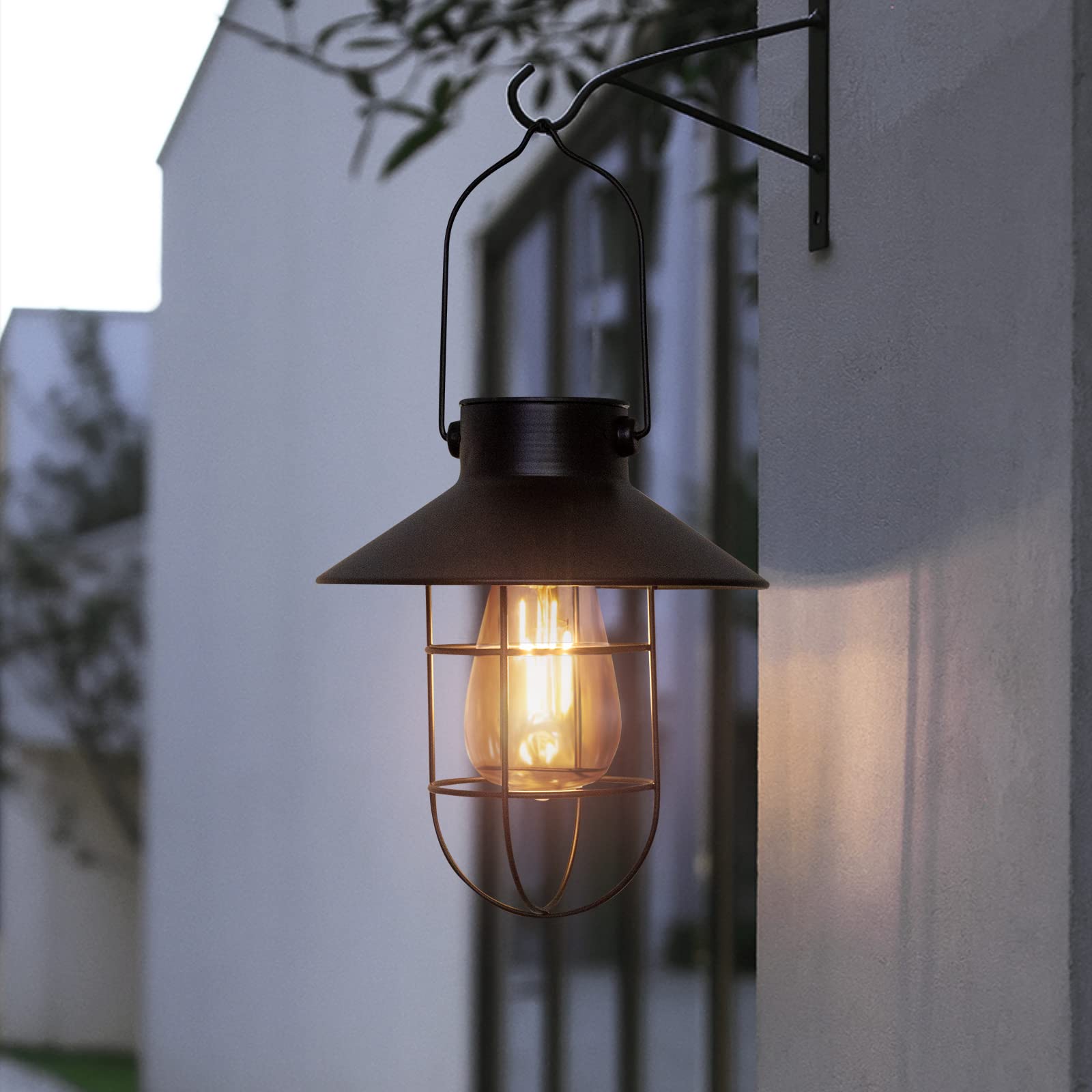Pearlstar Solar Powered Outdoor Hanging Lights - Waterproof Metal Solar Lanterns for Garden, Patio, Yard, Balcony, Porch & Fence Decor - Warm White Edison Bulb with Wall Mount Kit (Black, 1 Pack) - Perfect for Evening Gatherings, Pathway Lighting & Outdoor Ambiance