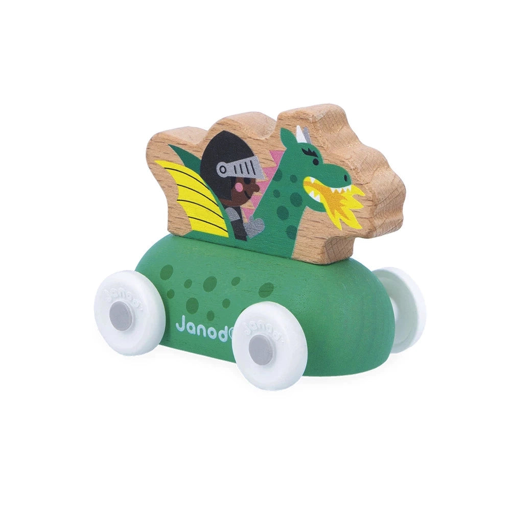 Janod Cross Roads Dragon Car - Wooden Toy Race Car for Kids, Fun & Safe Playtime - Perfect for Indoor & Outdoor Adventures, Birthday Gifts & Preschool Learning