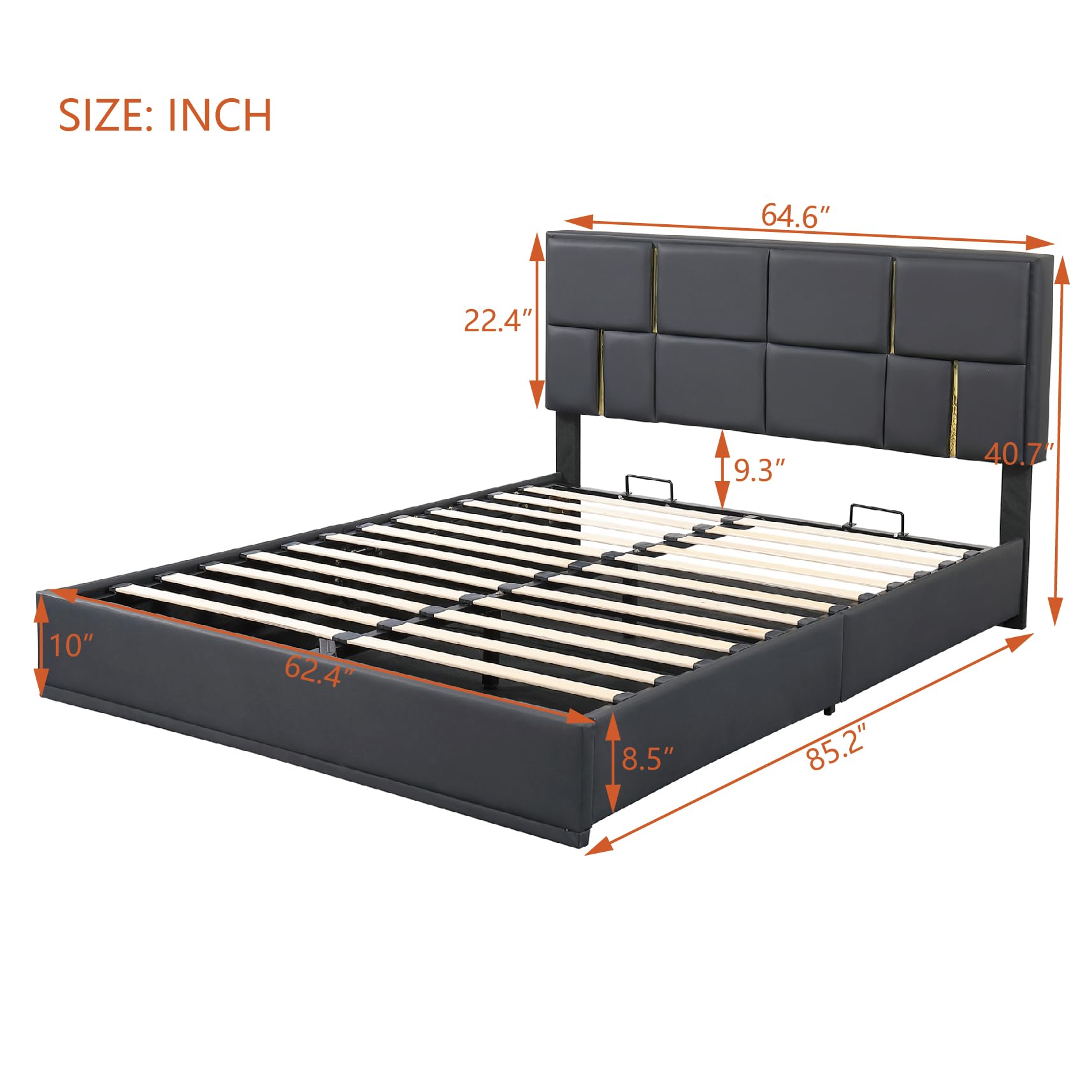 Queen Size 2-Piece Bedroom Set - PU Upholstered Platform Bed with Hydraulic Storage & Matching Ottoman - Wood Frame with Metal Legs for Kids, Teens & Adults - Perfect for Small Spaces & Guest Rooms (Black)
