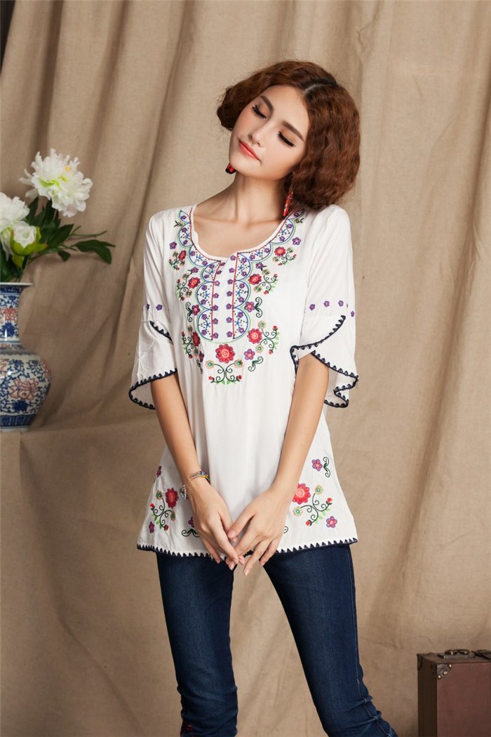 Kafeimali Women's Bohemian Embroidered Cotton Tunic Top - Mexican Style Floral Blouse for Casual Wear, Beach & Festival Outfits