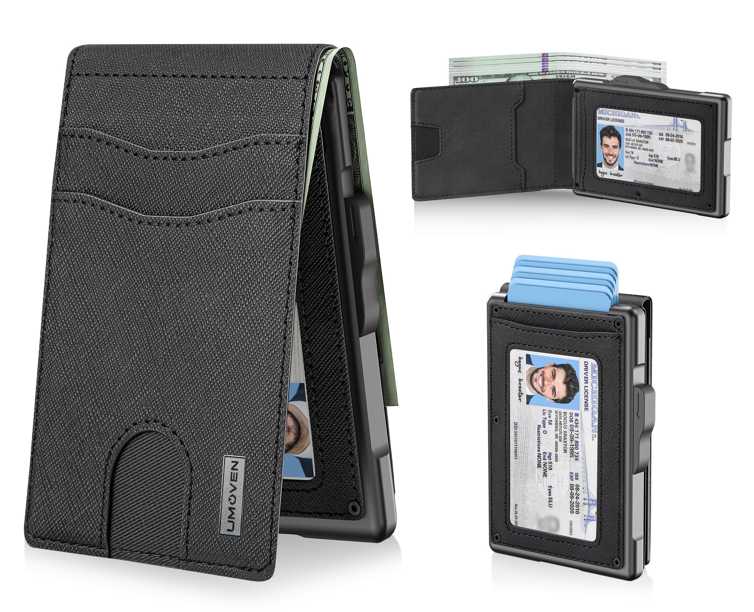 Umoven Men's Slim RFID Blocking Aluminum Wallet - Pop Up Case, Cash & Credit Card Slots, ID Window - Minimalist Leather Front Pocket Wallet (Gravel Black) - Perfect for Travel, Business & Everyday Carry