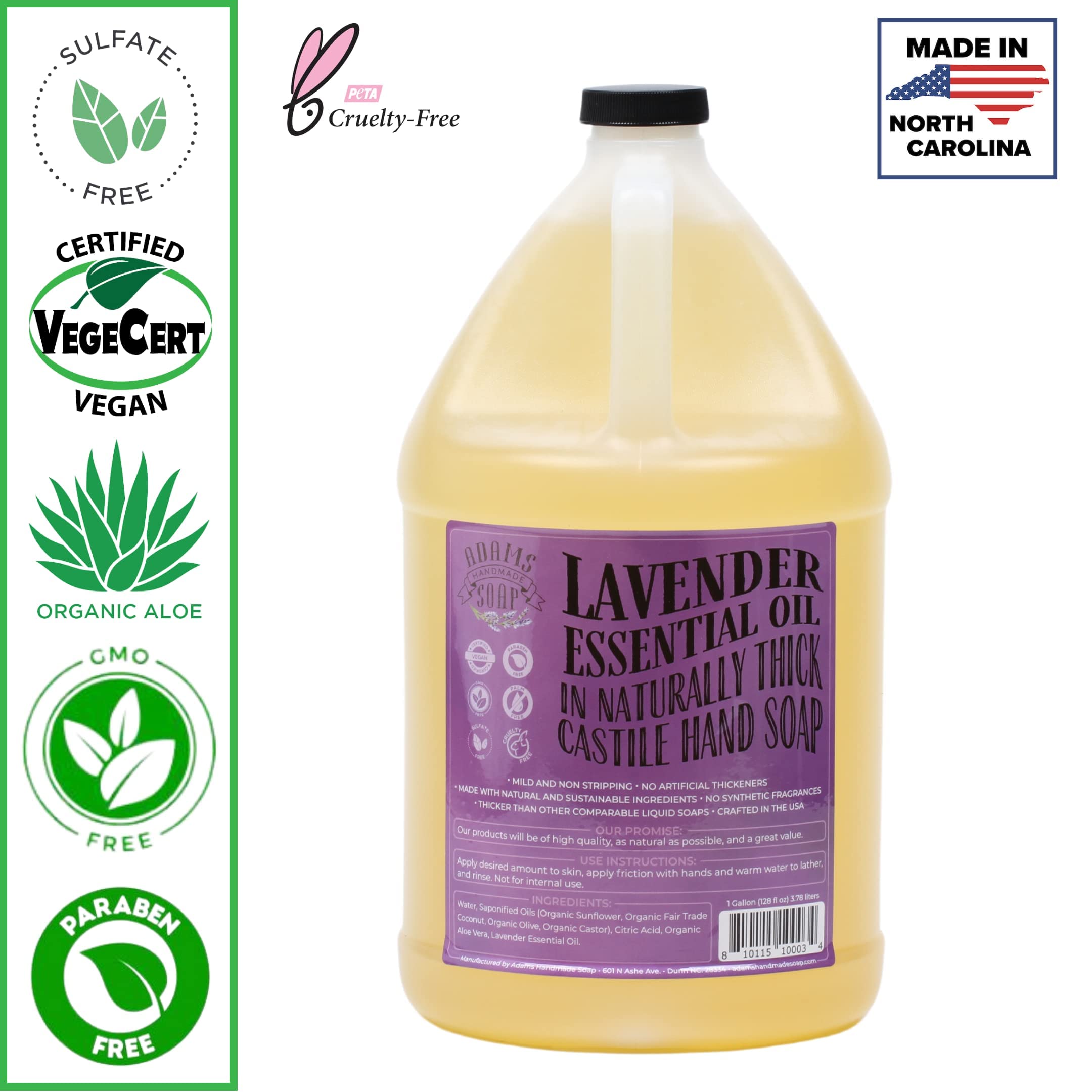 Adams Handmade Thick Castile Liquid Hand Soap 1 Gallon Refill - Natural Lavender Scent - Pack of 4 for Home, Spa & Commercial Use - Gentle Cleansing for Hands, Body & Household Cleaning