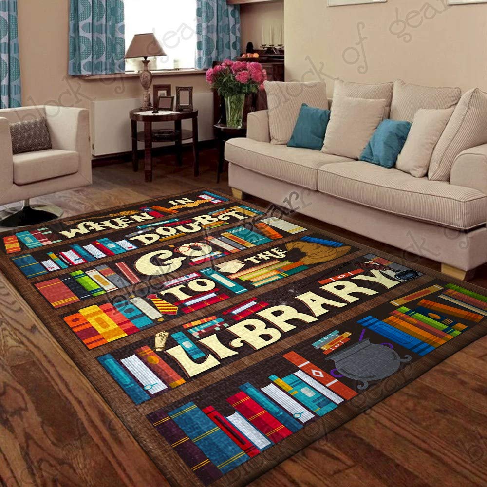 GEEMBI 3' x 5' Book Lover Area Rug - Library & Classroom Reading Rug for Kids, Bookaholics - Non-Slip Educational Rug for Living Room, Bedroom, Study - 'When in Doubt Go to The Library' Design LHA368R - Perfect for Reading Nooks, Homeschooling & Cozy Book Corners