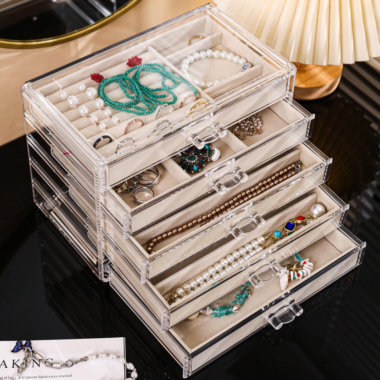 5-Drawer Velvet Necklace Organizer Box - Dustproof Jewelry Storage & Display Case for Women & Girls - Perfect for Travel, Gifting & Home Organization