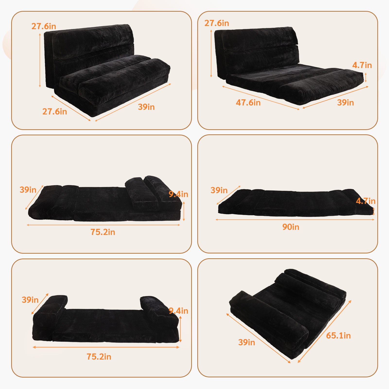 MAXYOYO Extra Wide Bean Bag Bed - Foldable Sofa Bed & Full Floor Mattress for Adults & Teens - Comfortable Lounger for Living Room, Bedroom, Dorm - Black (Home, Office, Camping)