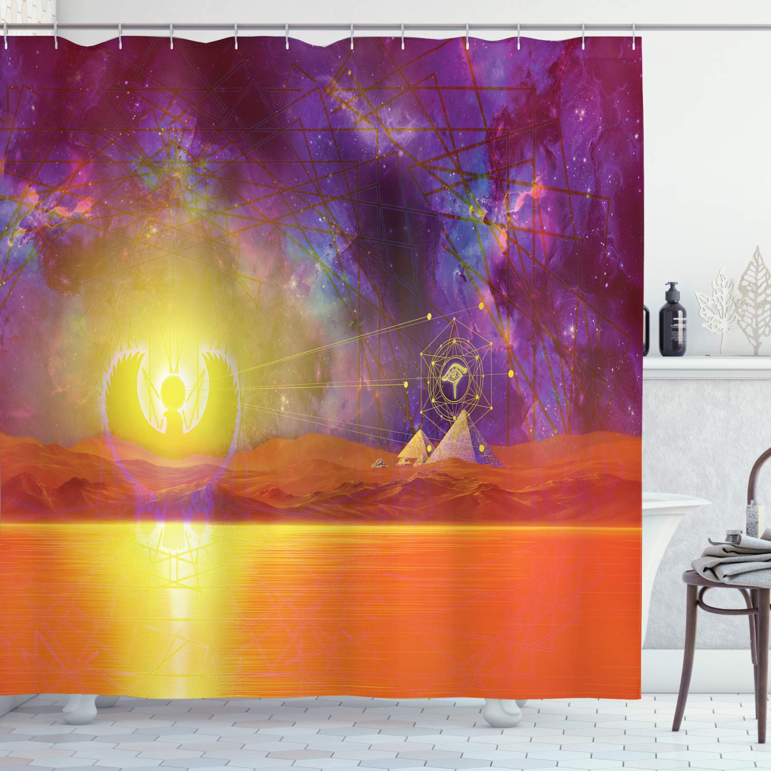 Ambesonne Egyptian-Themed Shower Curtain with Sacred Geometry Print - Purple & Orange Triangle Design Bathroom Decor Set (69