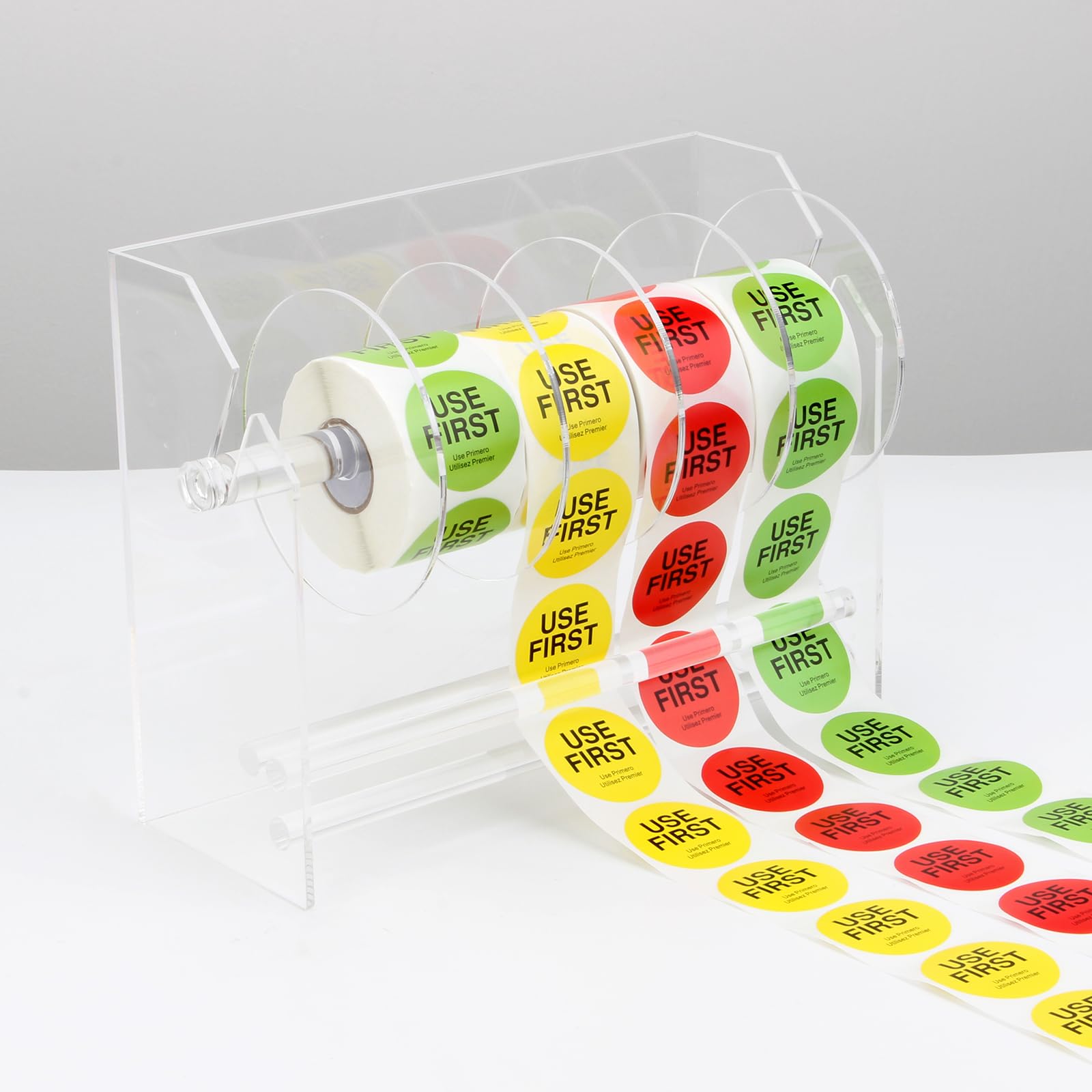 Adjustable Acrylic Label Dispenser - Transparent Sticker Roll Holder & Organizer Stand for Office & Home Desktop Use (6 Disks Included) - Perfect for Organizing Shipping Labels, Craft Supplies & Office Filing