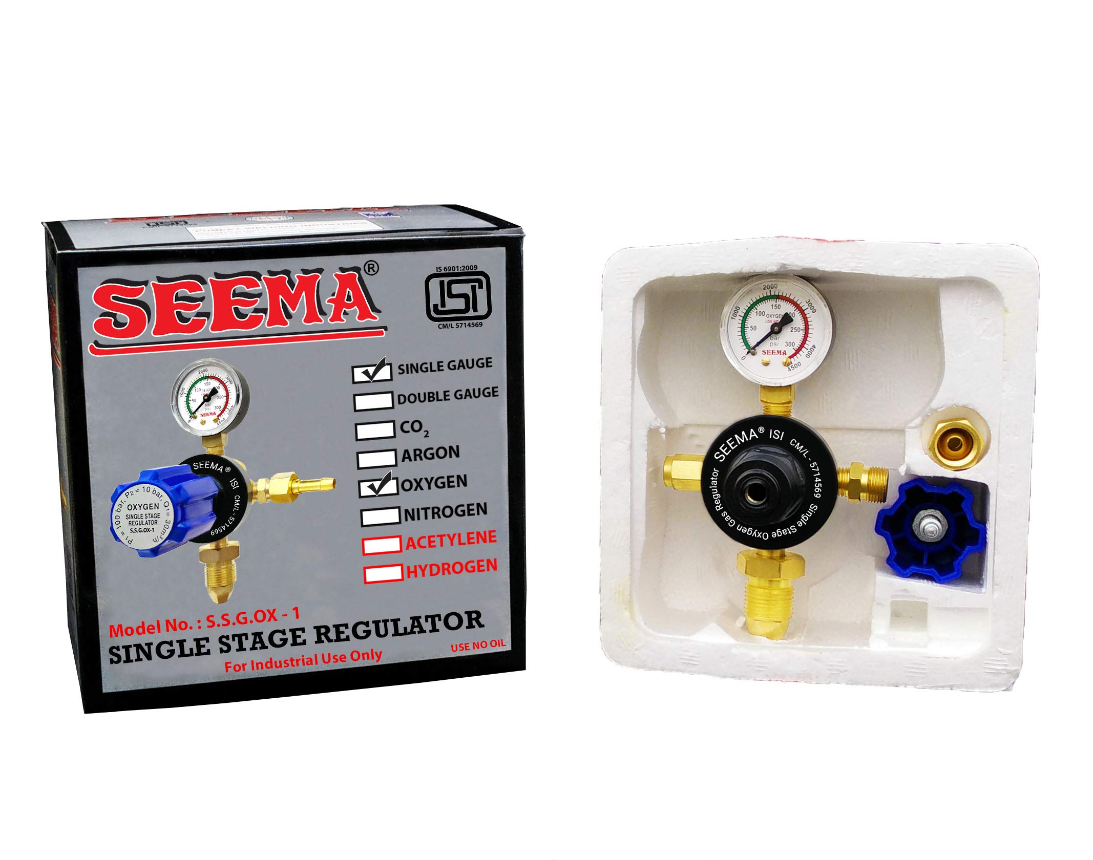 SEEMA® Single Stage Oxygen Gas Pressure Regulator with Gauge - ISI Certified for Welding, Medical & Industrial Use