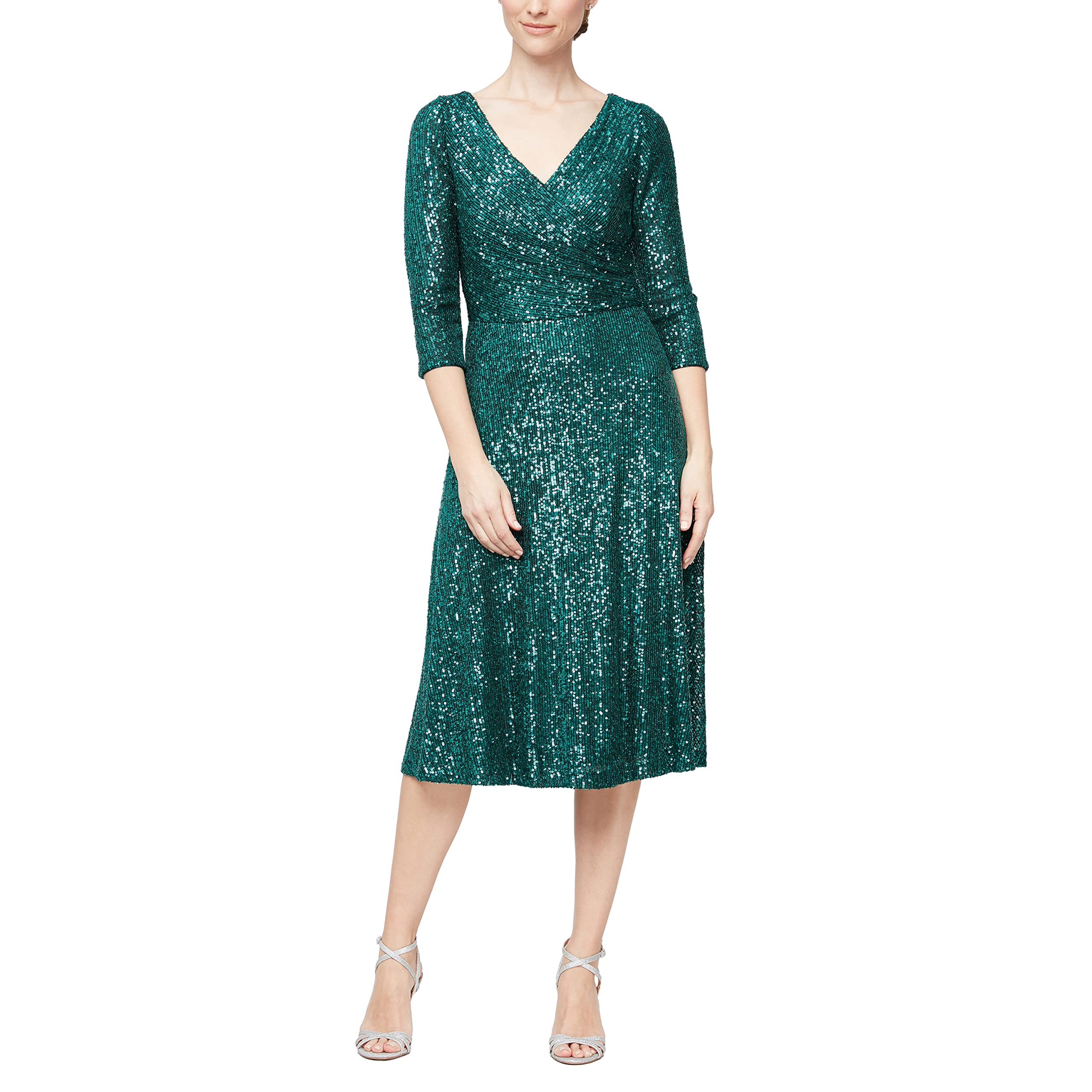 Alex Evenings Women's 3/4 Sleeve Sequin A-Line Party Dress - Missy, Petite & Plus Sizes | Elegant Evening Gown for Cocktail Parties, Weddings & Special Occasions