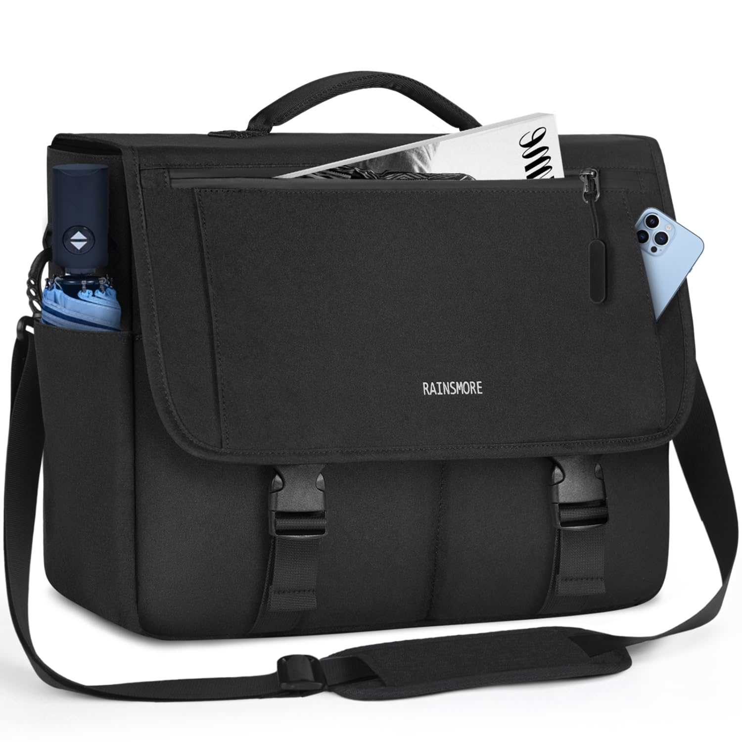 RAINSMORE Water Resistant Messenger Bag for Men - 15.6 Inch Laptop Bag, Durable College & Office Satchel, Casual Crossbody Shoulder Bag for Work, Travel & Daily Commute - Black