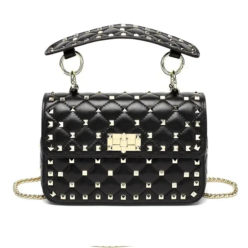 Luxury Women's Sheepskin Leather Handbag with Rivet & Chain Strap - Designer Shoulder Bag & Messenger Purse for Work, Travel & Evening Out