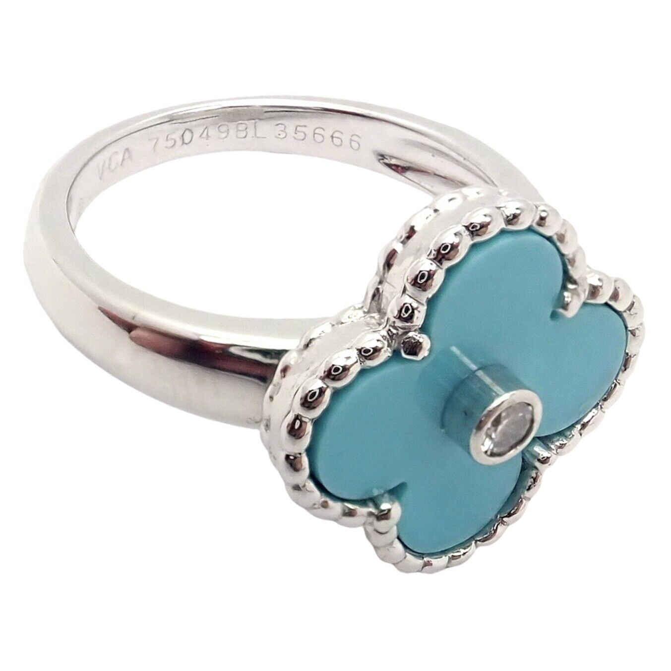 Authentic Van Cleef & Arpels Alhambra 18k Gold Diamond Turquoise Ring - Luxury Jewelry for Women, Elegant Statement Piece for Parties & Special Occasions