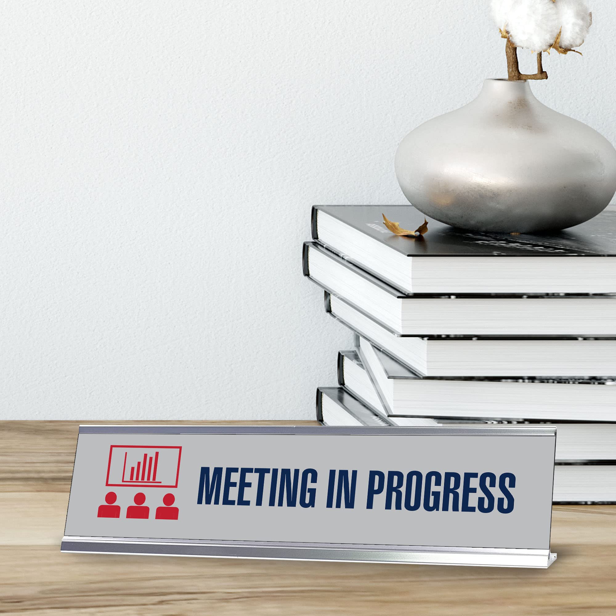 Professional Meeting in Progress Sign - Silver Frame Desk Sign (2x8) - Perfect for Office Meetings, Conference Rooms & Privacy Notifications