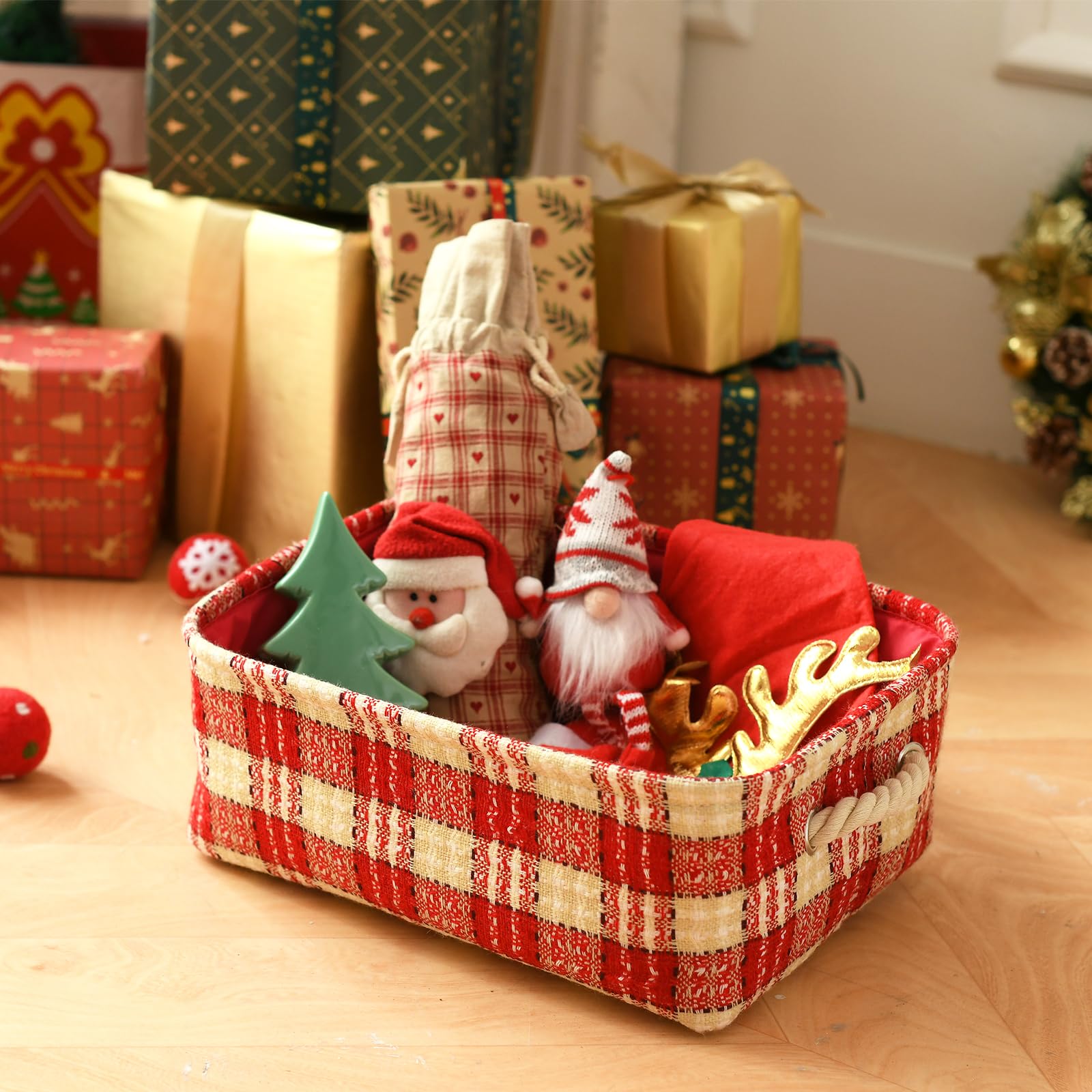 INough Christmas Ornament Storage Box | Holiday Decoration Organizer with Handles | Buffalo Plaid Collapsible Gift Basket for Kids | Farmhouse Style Home Decor | Perfect for Storing Ornaments, Wrapping Gifts & Holiday Organization