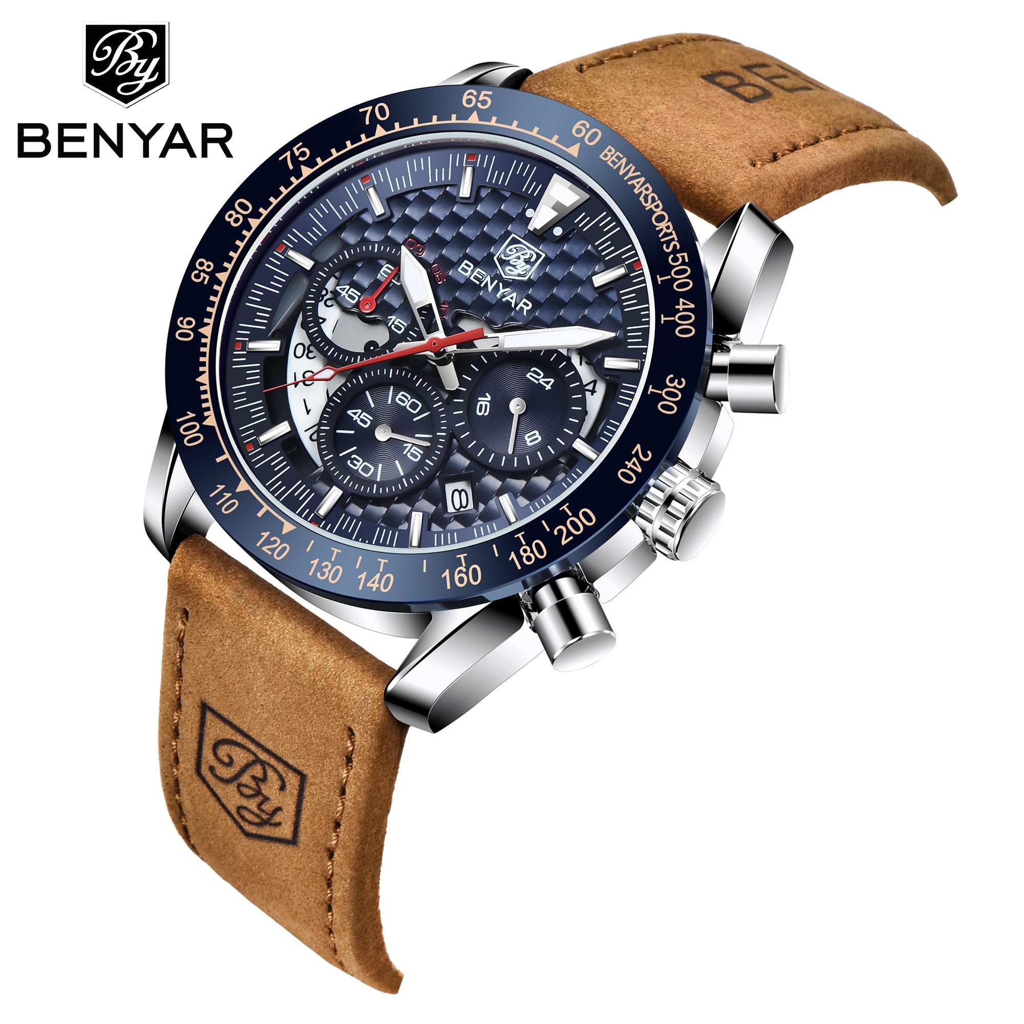 BENYAR Men's Sports Chronograph Watch - Analog Quartz, Date Display, Waterproof 3ATM, Leather Strap - Stylish Business & Casual Wristwatch for Men | Perfect for Office, Daily Wear & Outdoor Activities