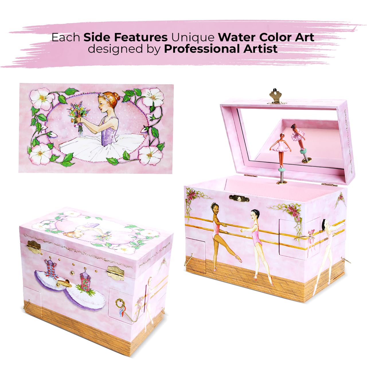 Elegant Black Ballerina Jewelry Box for Girls - Spinning Music Box with Swan Lake Melody & 4 Pull-Out Drawers - Perfect for Jewelry Storage, Birthday Gifts, and Ballet Themed Room Decor