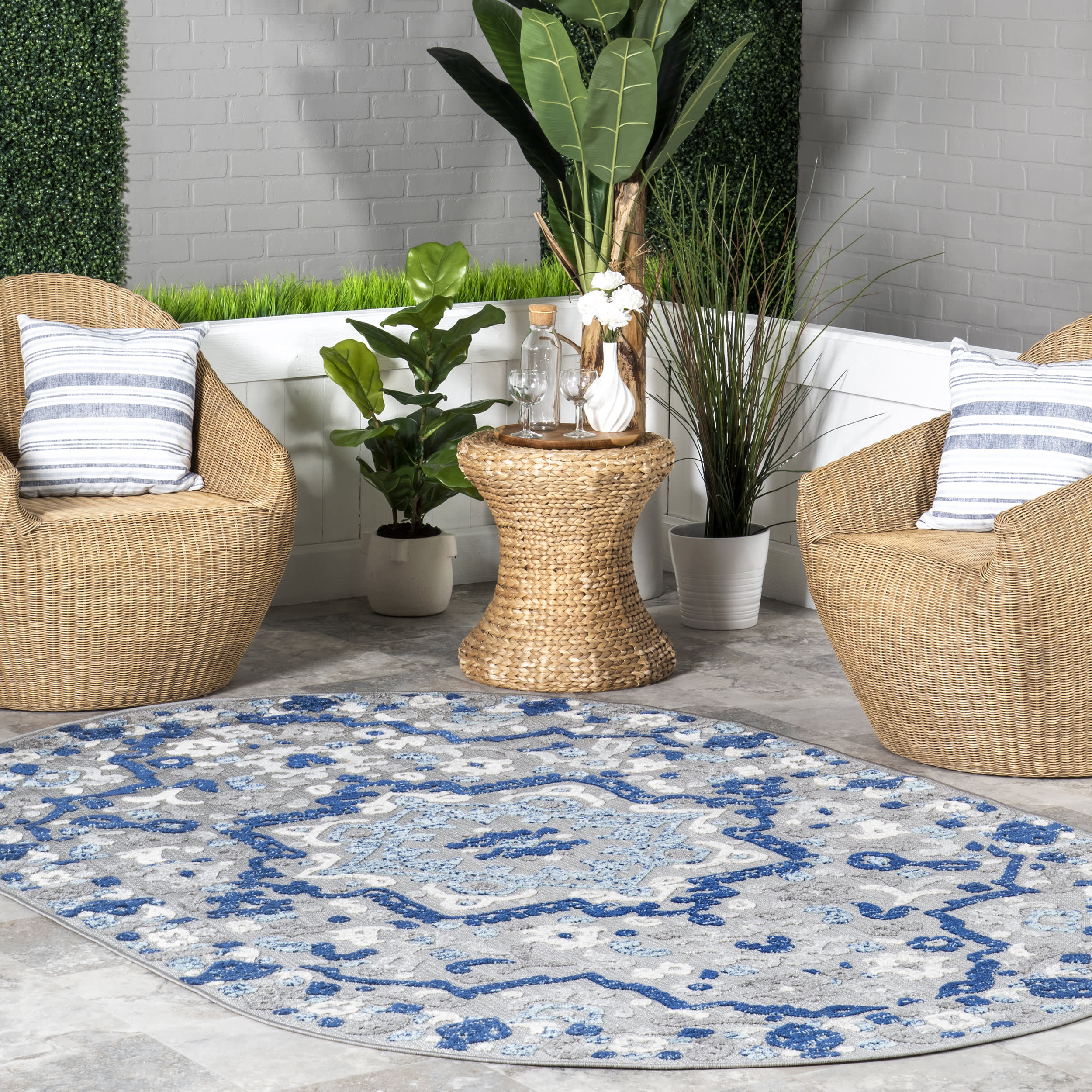 Castle Medallion Indoor/Outdoor Rug - Blue Persian Design Area Rug for Living Room, Bedroom, Patio & Deck - Waterproof & Durable
