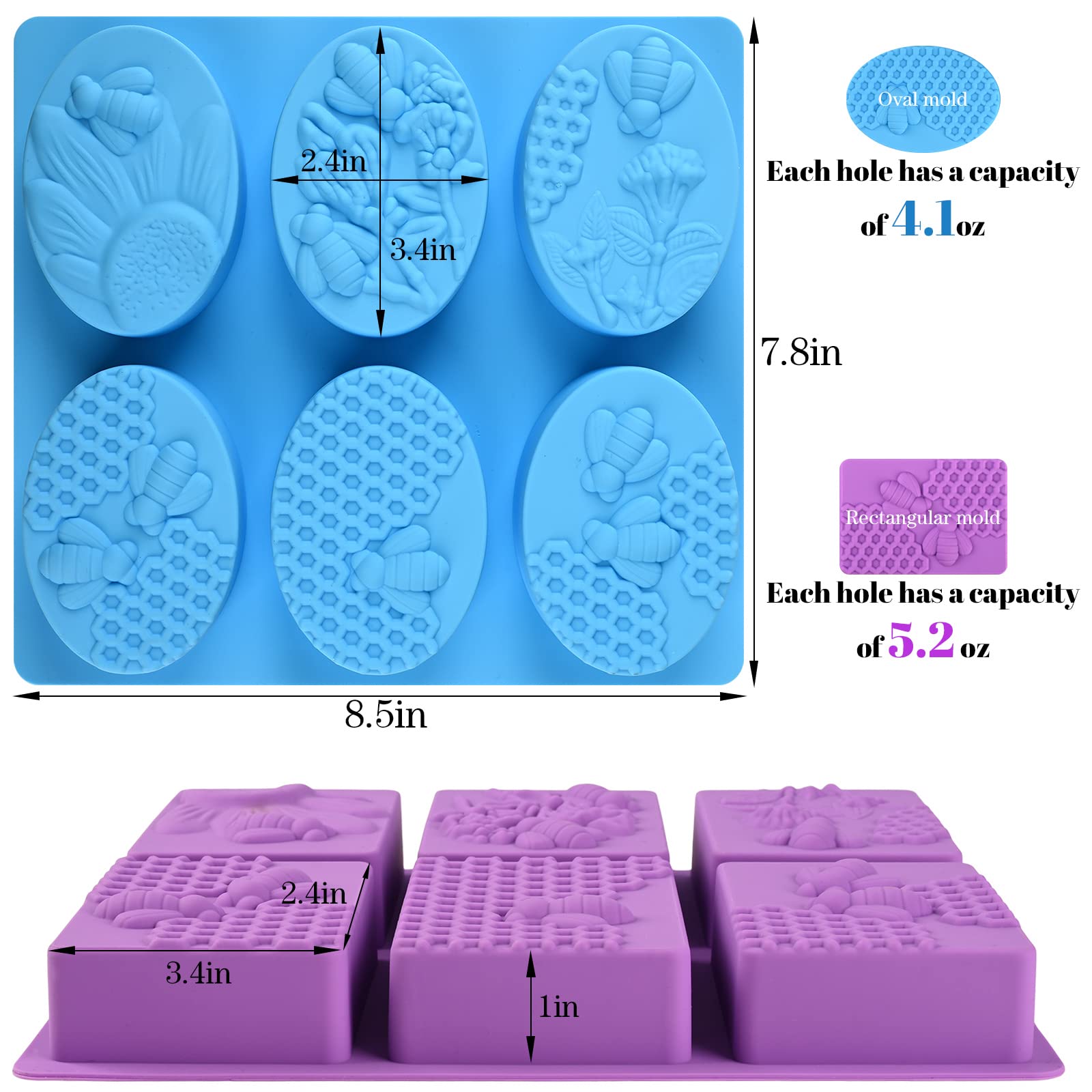 Sakolla 2 Pack 6 Cavity Bee Silicone Soap Molds - Rectangle Oval Honeycomb Design for DIY Soap Making, Wax Melts, Beeswax, Cake & Chocolate Baking - Perfect for Handmade Gifts, Party Favors and Home Crafting