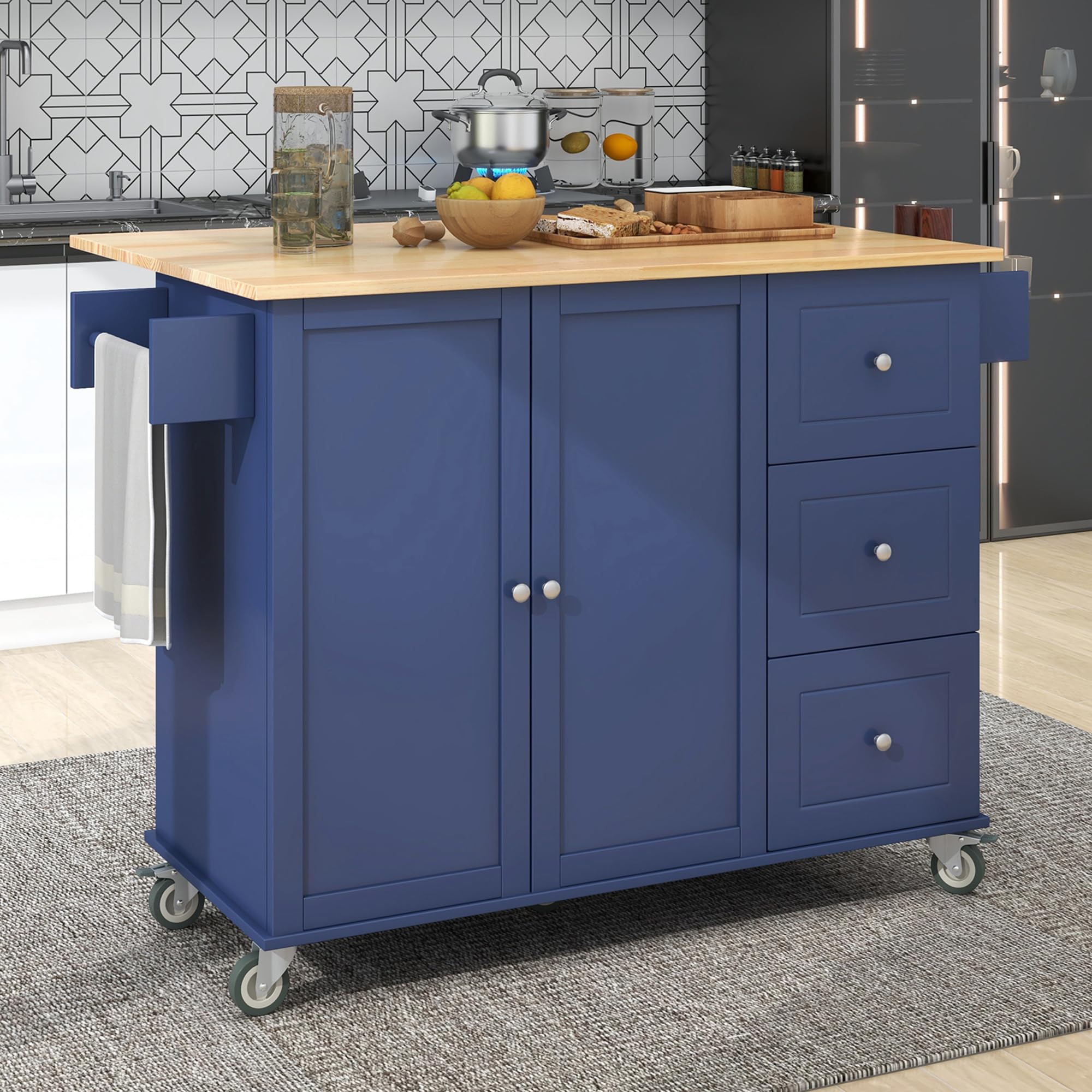 Mobile Kitchen Cart with Wood Top & Drop Leaf Breakfast Bar - 52.7