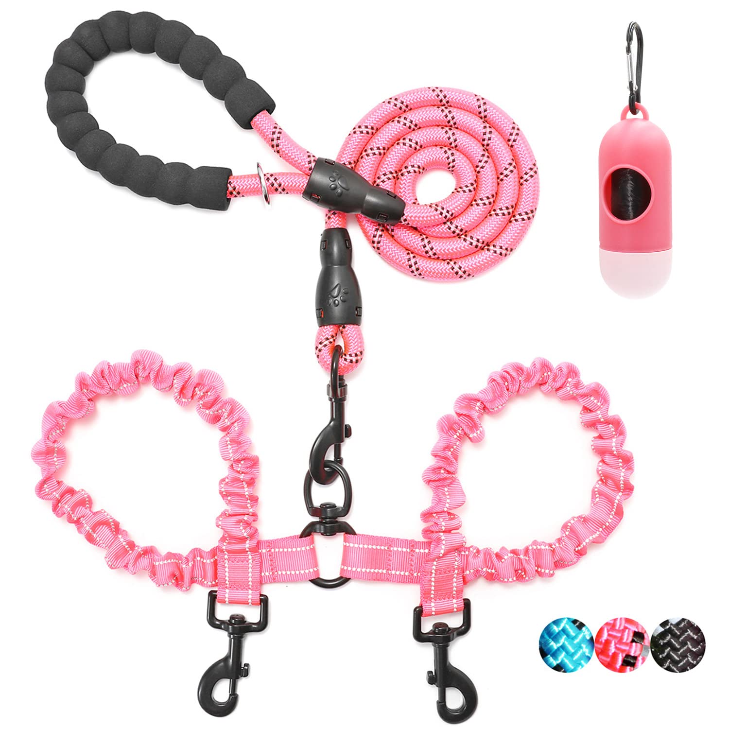 BAAPET 4 FT Double Dog Leash with Tangle-Free Shock Absorbing Bungee & Poop Bags - Dual Dog Walking Leash for Small Medium Large Dogs (Medium/Large, Pink) - Perfect for Hiking, Jogging and Outdoor Adventures with Your Pets